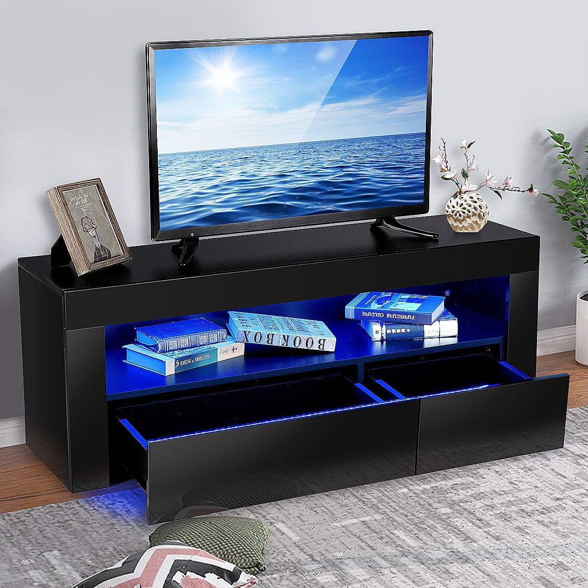 Tv Stand Cabinet For Living Room Up To 55" Tv, Entertainment Center With Rgb  Led Lights And Storage Shelves Furniture, Black High Gloss Tv Console Table  – Walmart Intended For Rgb Entertainment Centers Black (View 6 of 15)