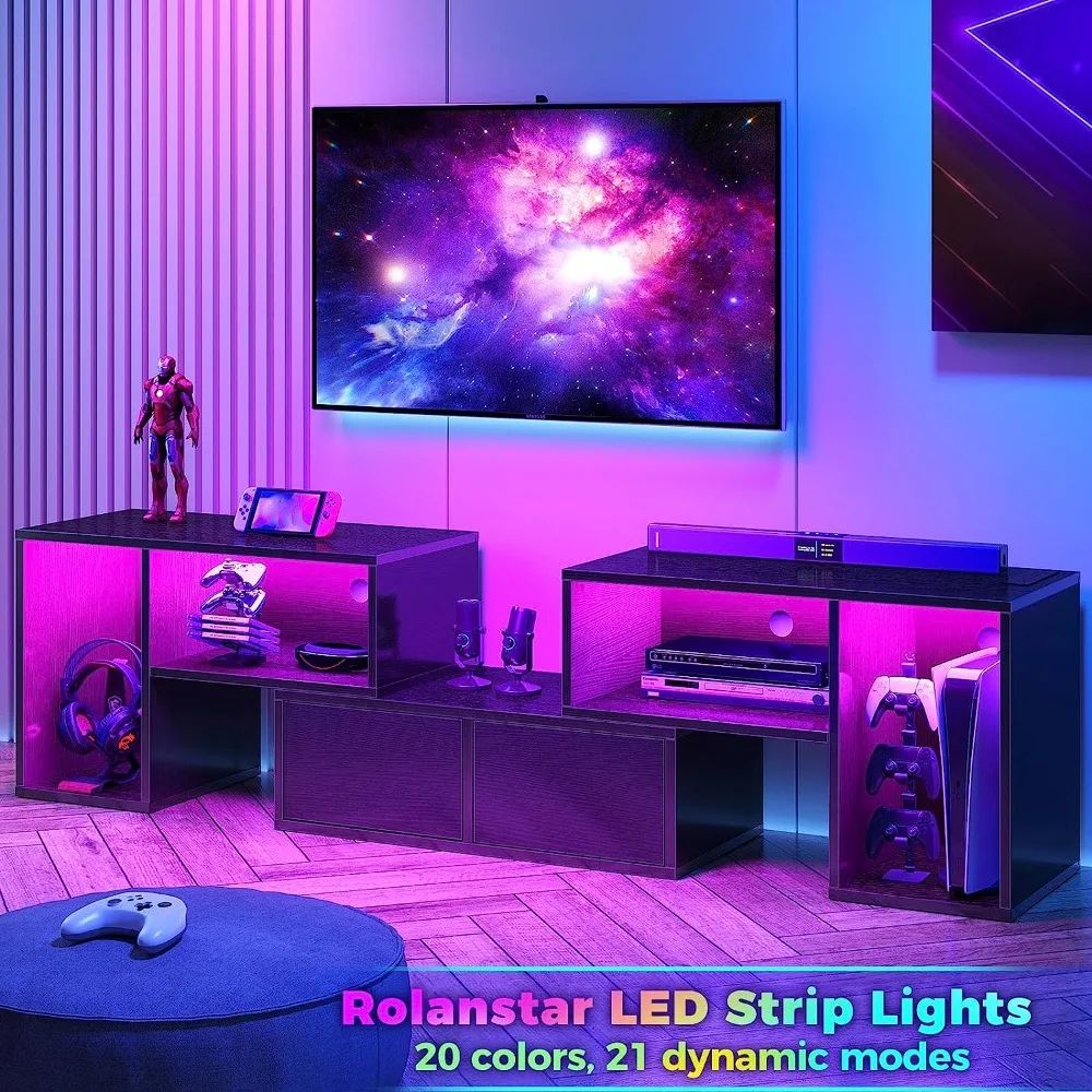 Tv Stand, Deformable Tv Stand With Power Outlets & Led Strip, Modern Entertainment  Center For 45/50/55/60/65/70 Inch Tvs, Black – Aliexpress Regarding Tv Stands With Led Lights & Power Outlet (Photo 13 of 15)