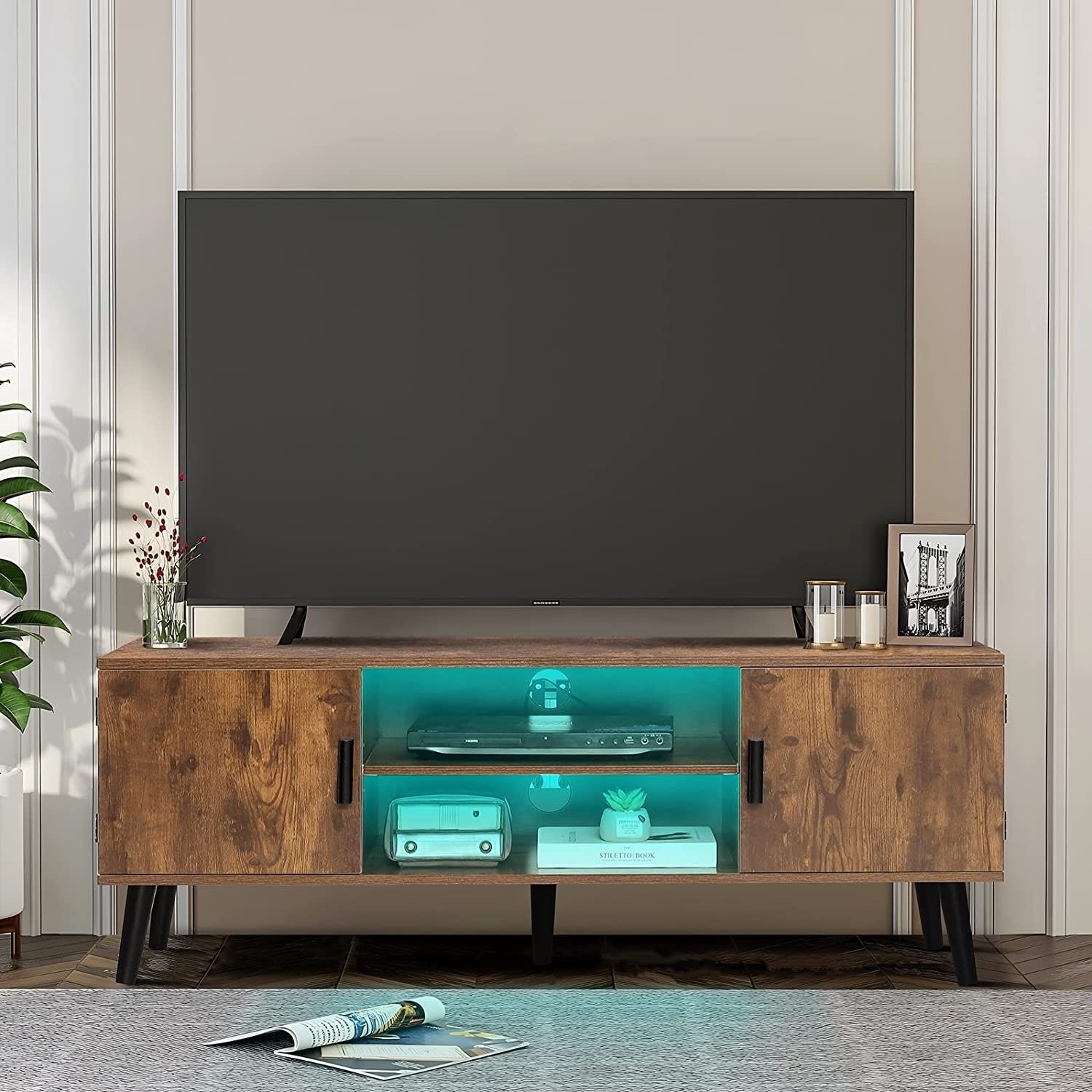 Tv Stand For 55 Inch Tv, Led Tv Stand With Led Lights & Power Outlet, Tv  Console With 2 Cabinets &amp – Bed Bath & Beyond – 37666779 Inside Led Tv Stands With Outlet (Photo 11 of 15)