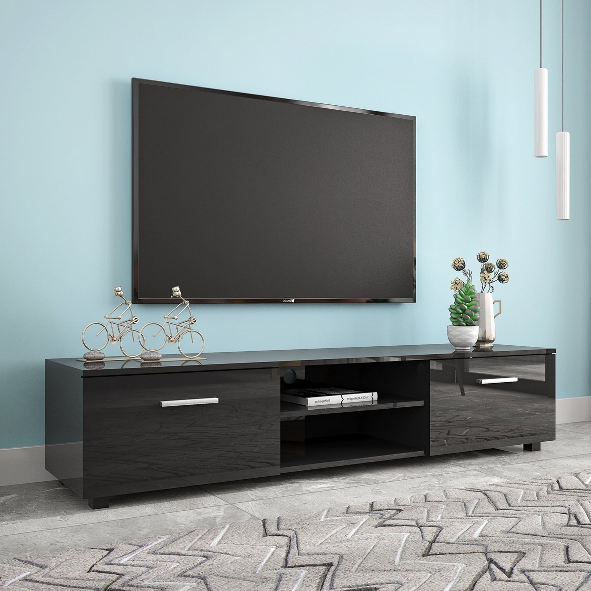 Tv Stand For Tvs Up To 70 Inch, Modern Style Tv Cabinet With Double Doors  And 2 Tier Open Shelves, Wood Entertainment Center Tv Stand, Media Center  Table For Living Room, Bedroom, Black, Pertaining To Tv Stands With 2 Doors And 2 Open Shelves (Photo 11 of 15)