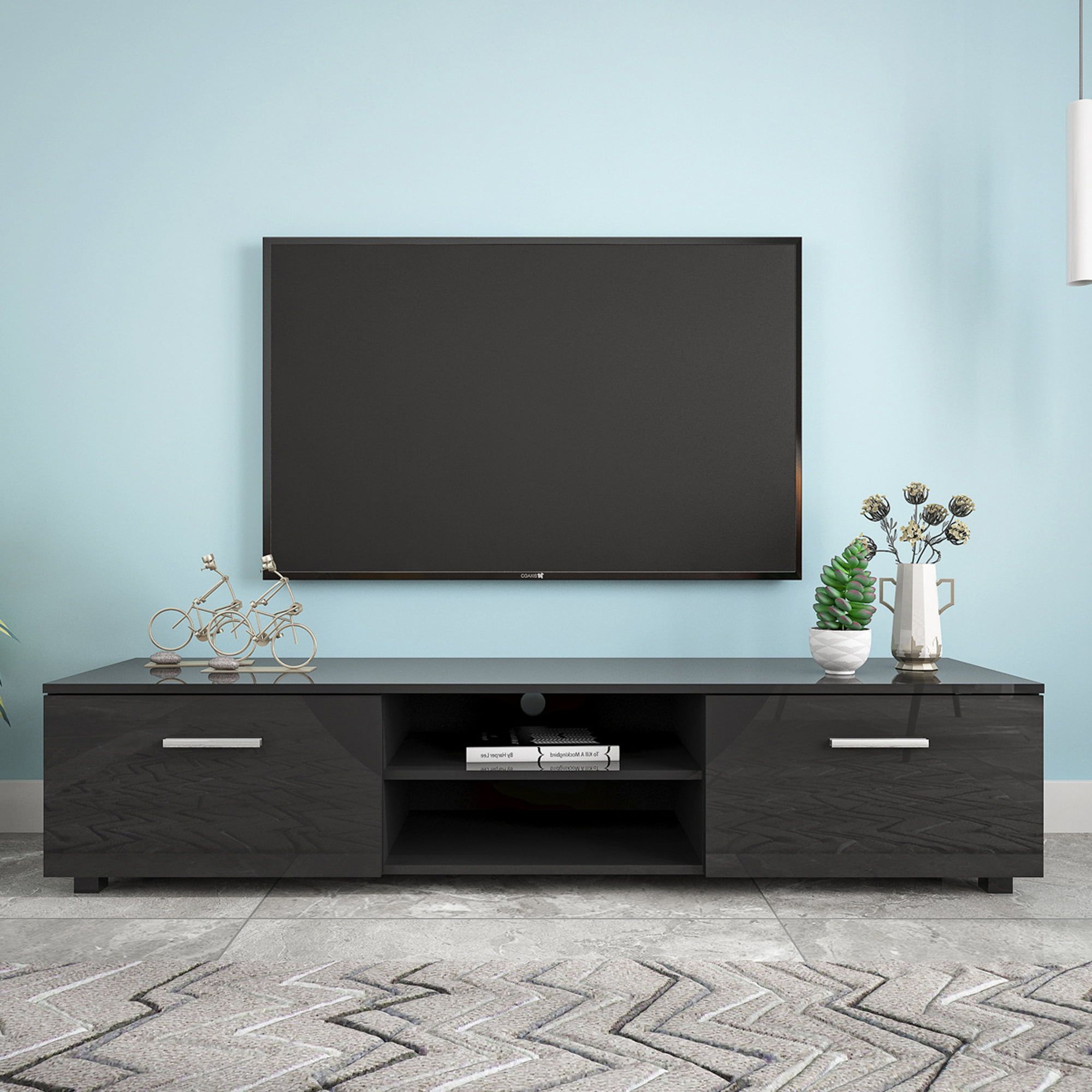 Tv Stand For Tvs Up To 70 Inch, Syngar Modern Tv Cabinet With Double Doors  And 2 Tier Open Shelves, Wood Entertainment Center Tv Stand, Media Center  Table For Living Room, Bedroom, Black, In Tv Stands With 2 Doors And 2 Open Shelves (View 4 of 15)