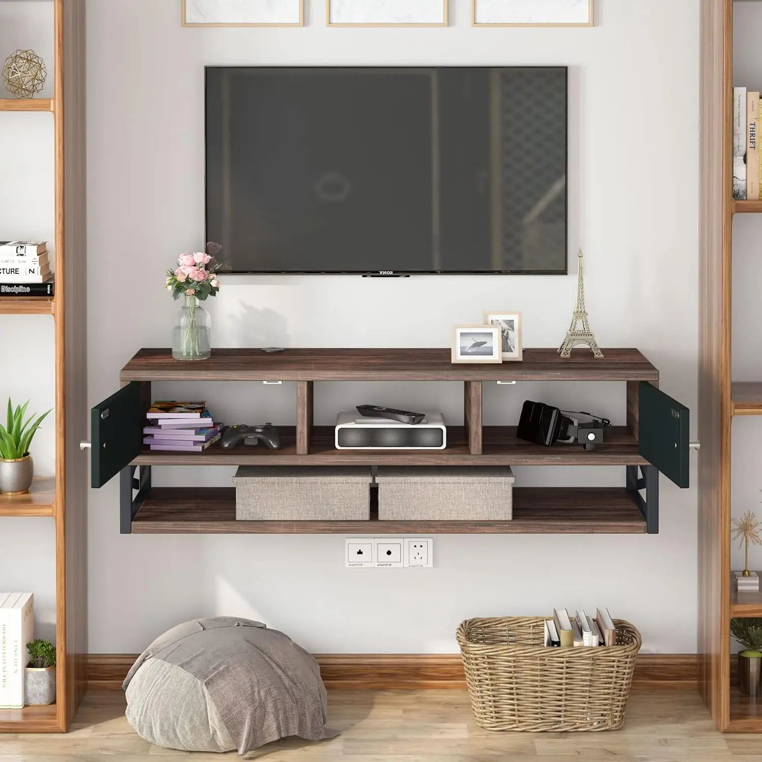 Tv Stand, Mounted Under Tv Floating Shelf With Doors, 3 Tier Entertainment  Center Console Cabinet With Storage For Living Room – Aliexpress Throughout Tier Stand Console Cabinets (View 3 of 15)