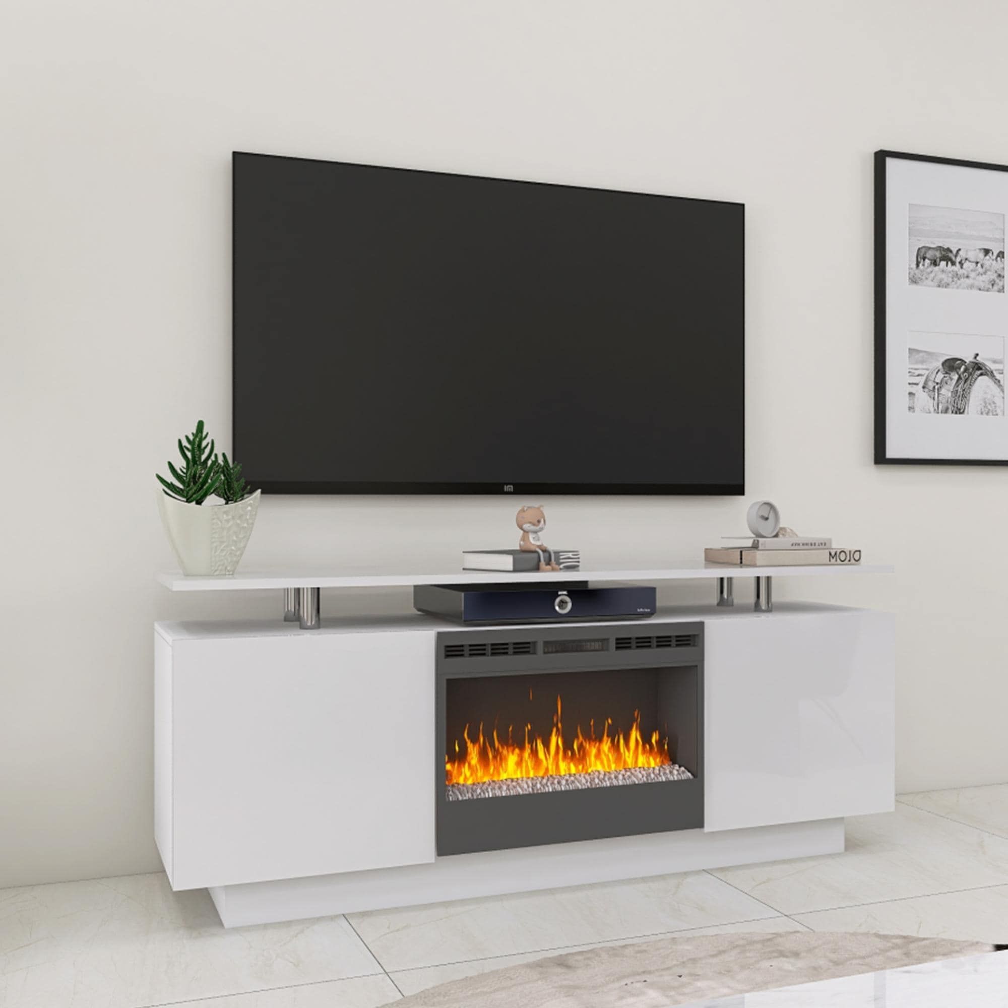 Tv Stand With 36"fireplace Entertainment Center 2 Tier Console Cabinet –  Bed Bath & Beyond – 38259416 Regarding Tier Stand Console Cabinets (View 5 of 15)