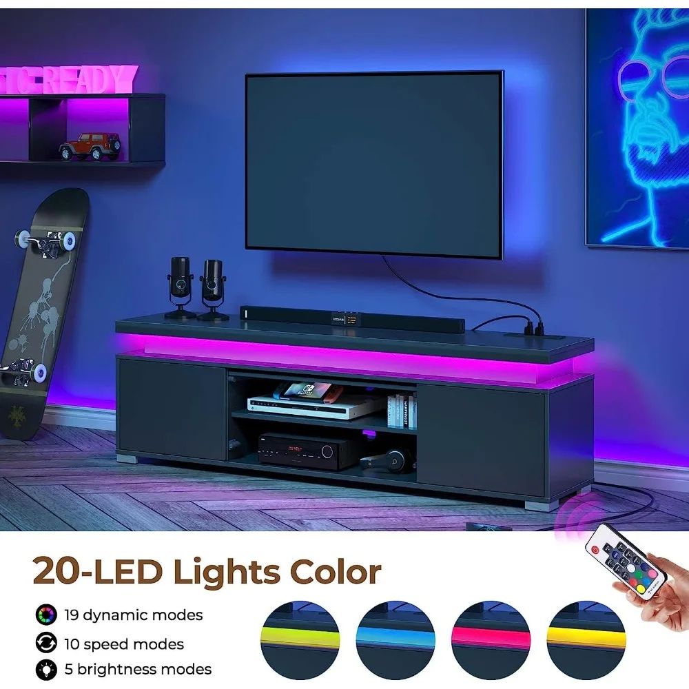 Tv Stand With Power Outlet & Led Lights, Modern Entertainment Center For  32/43/50/55/65 Inchs Tvs, Tv Table, Black – Aliexpress Pertaining To Led Tv Stands With Outlet (Photo 14 of 15)