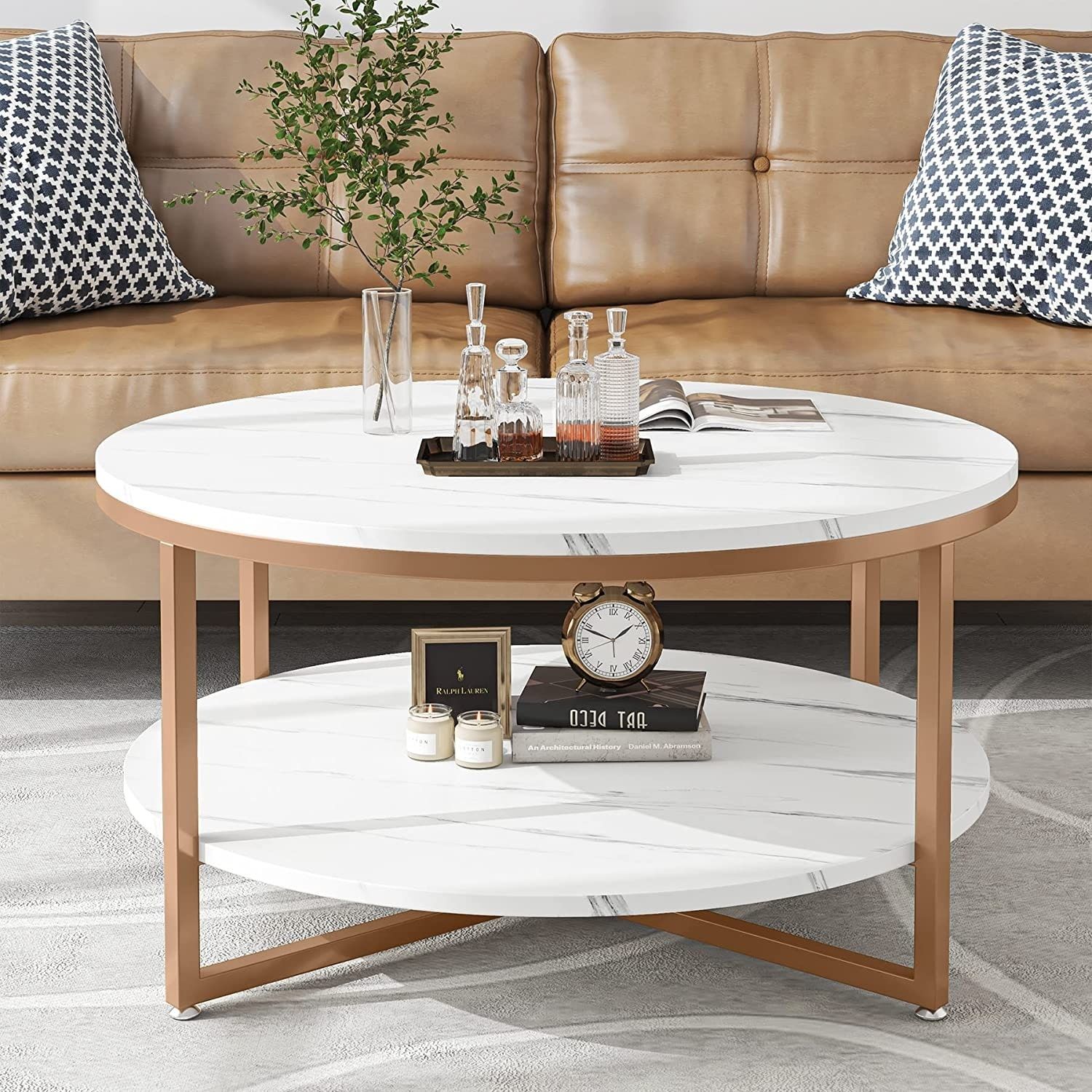 Two Tier Round Faux Marble Modern Coffee Table With Metal Legs And Open  Storage Shelf For Living Room, White Gold – Bed Bath & Beyond – 37593828 Pertaining To Coffee Tables With Open Storage Shelves (View 4 of 15)