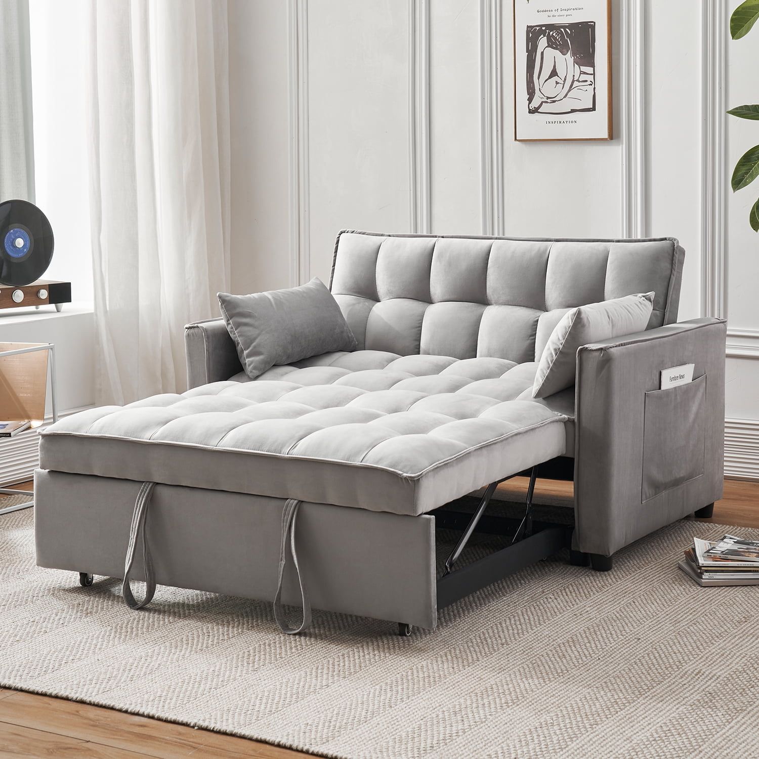 Tzicr 55.5'' 3 In 1 Convertible Sleeper Sofa Bed, Modern Velvet Loveseat  Futon Couch Pullout Bed With Adjustable Backrest, Side Storage Pockets And  Pillows (View 14 of 15)