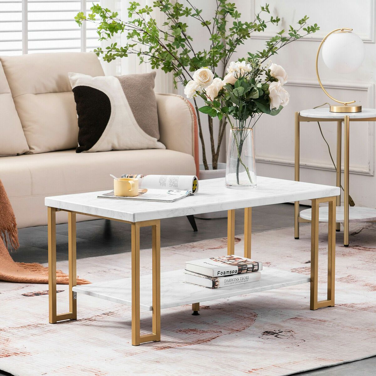 Us Living Room Rectangle Coffee Table W/ White Faux Marble Top &gold Base  Shelf | Ebay In Rectangular Coffee Tables With Pedestal Bases (View 6 of 15)