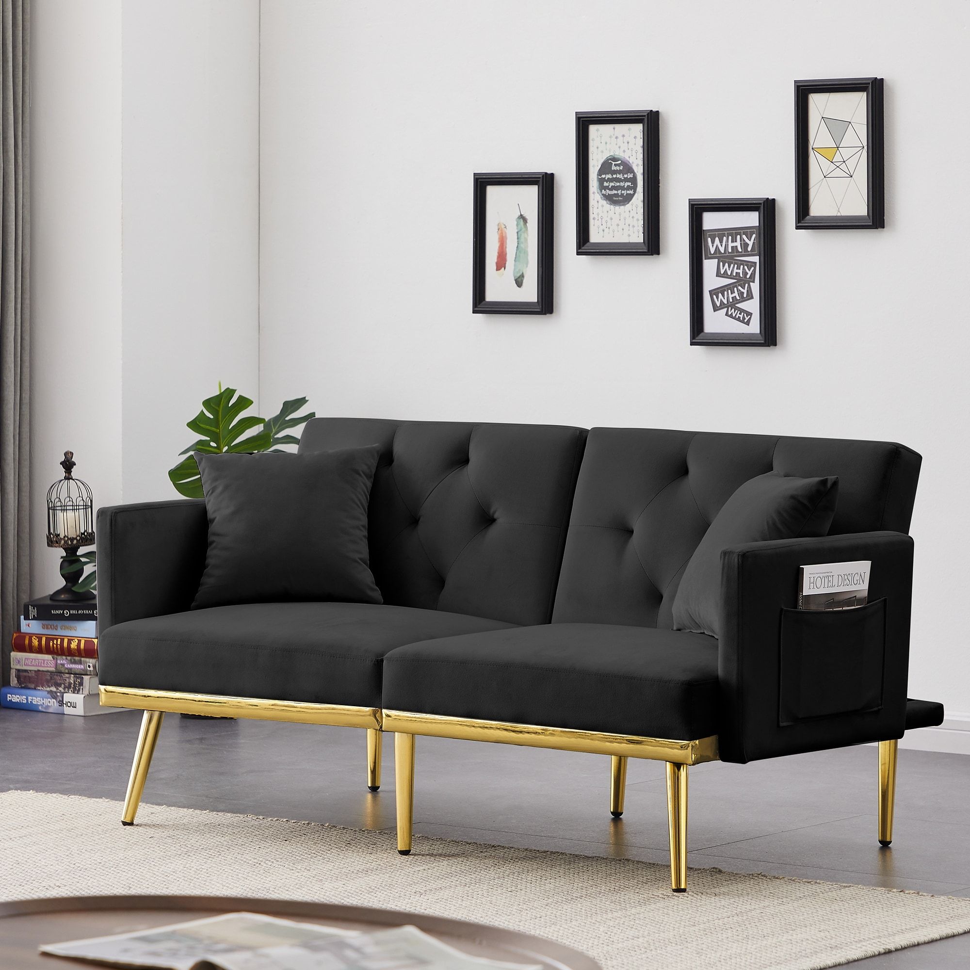 Velvet Futon Sofa Bed Convertible Folding Lounge Couch For Apartment Dorm,  Modern Loveseat With Armrest, Gold Metal Legs – Bed Bath & Beyond – 36687086 Intended For 2 Seater Black Velvet Sofa Beds (View 8 of 15)