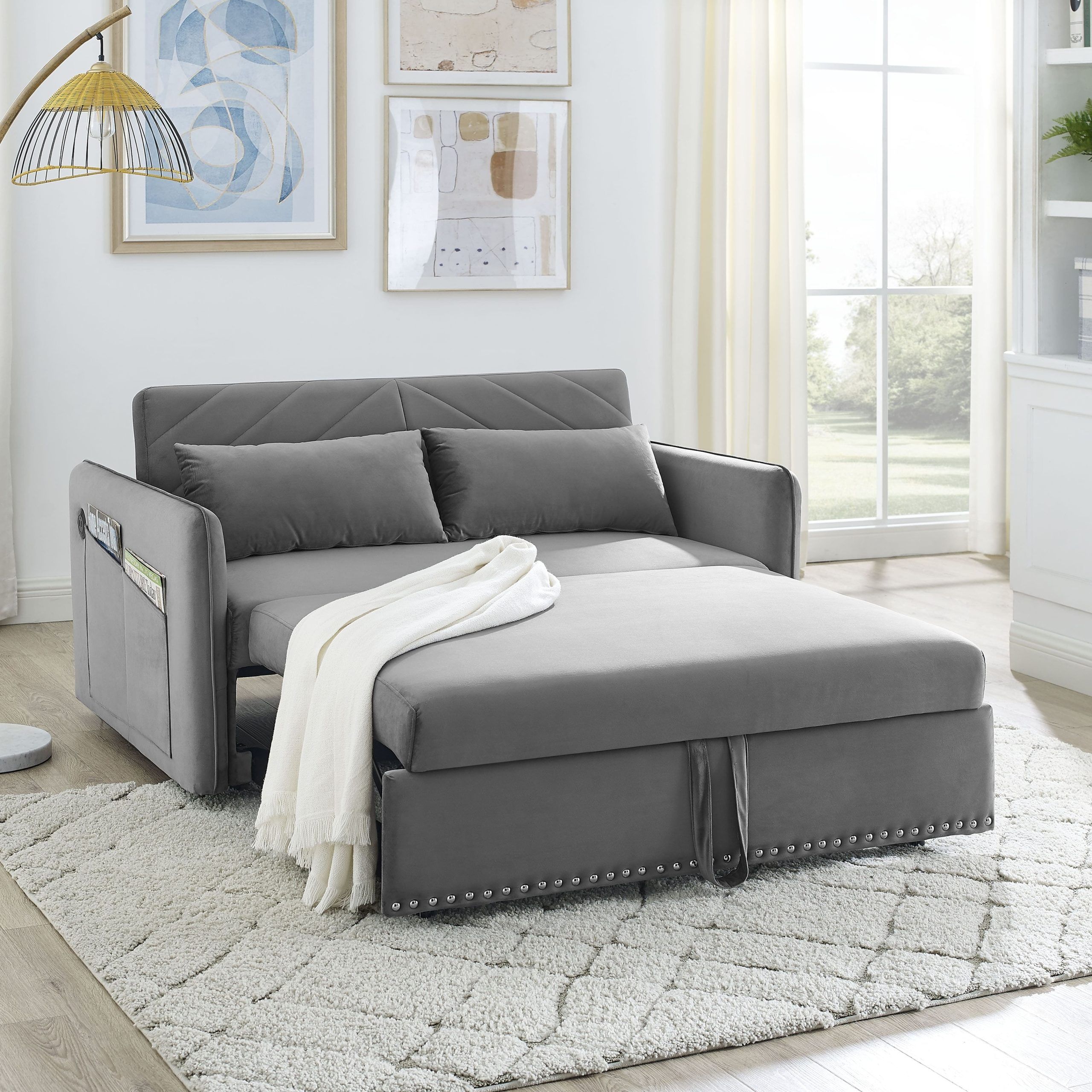 Velvet Pull Out Sleeper Sofa , 3 In 1 Adjustable Sleeper With Pull Out Bed,  2 Lumbar Pillows And Side Pocket – Bed Bath & Beyond – 38084240 Intended For 3 In 1 Gray Pull Out Sleeper Sofas (View 4 of 15)