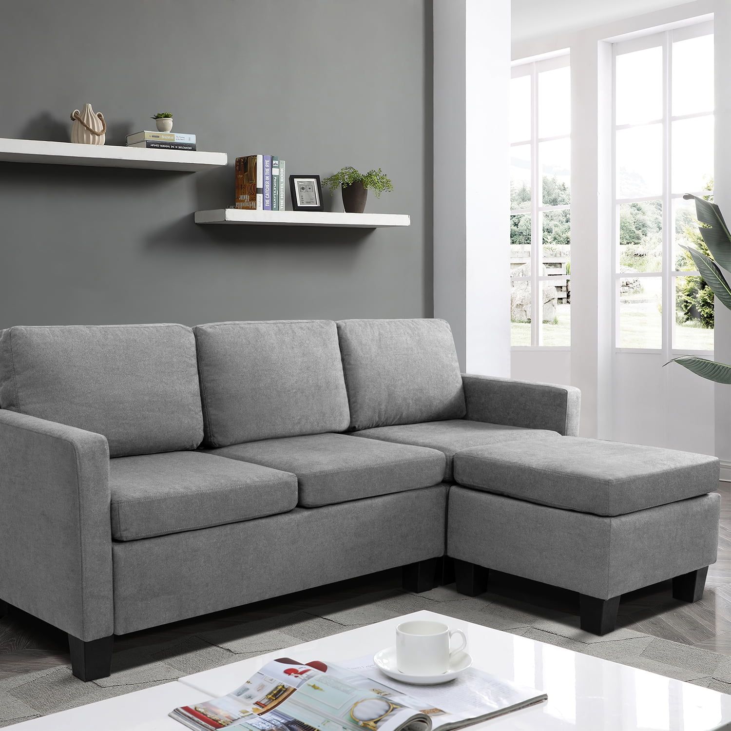 Vineego Linen Fabric L Shape Sofa Sectional Couch For Living Room, Gray –  Walmart Regarding Gray Linen Sofas (View 3 of 15)