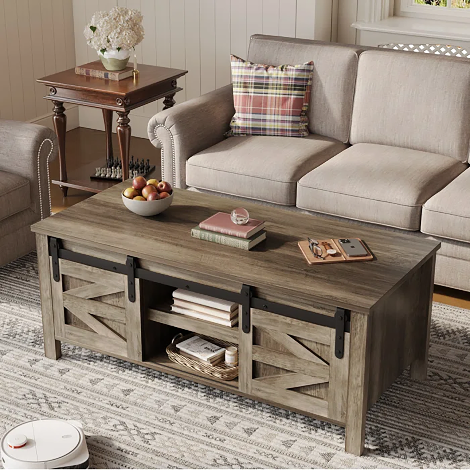 Vineego Wood Farmhouse Coffee Table With Storage In The Coffee Tables  Department At Lowes Intended For Coffee Tables With Storage And Barn Doors (View 11 of 15)