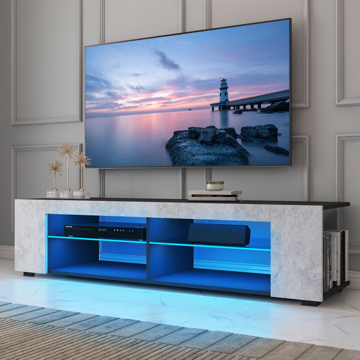 Wade Logan® Jowers 57'' Tv Stand For Tvs Up To 65'', Modern Media Console  With Smart App Controll Rgb Led Lights & Reviews | Wayfair For Rgb Tv Entertainment Centers (Photo 10 of 15)