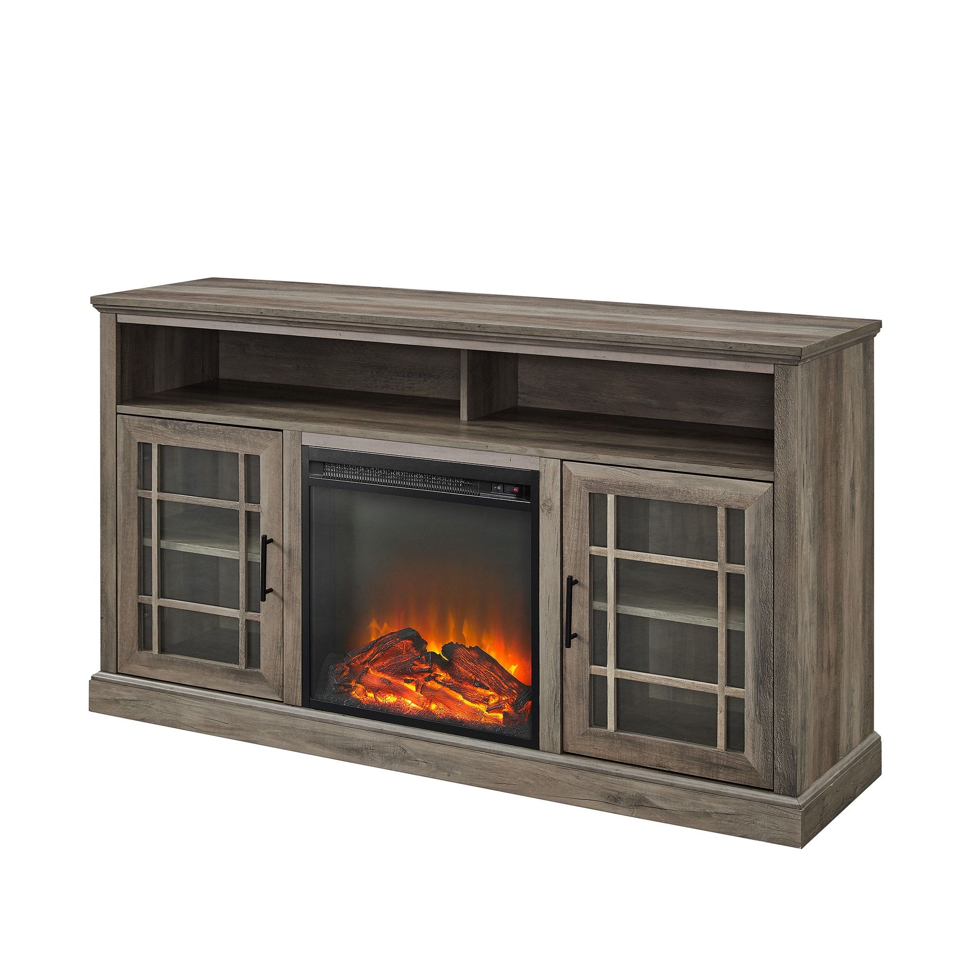 Walker Edison 58 In W Grey Wash Tv Stand With Led Electric Fireplace In The  Electric Fireplaces Department At Lowes Intended For Wood Highboy Fireplace Tv Stands (View 8 of 15)