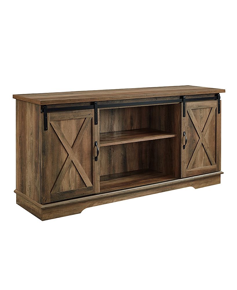 Walker Edison 58" Modern Farmhouse Sliding Door Tv Stand For Most Tvs Up To  65" Rustic Oak Bb58sbdro – Best Buy Within Modern Farmhouse Rustic Tv Stands (View 2 of 15)