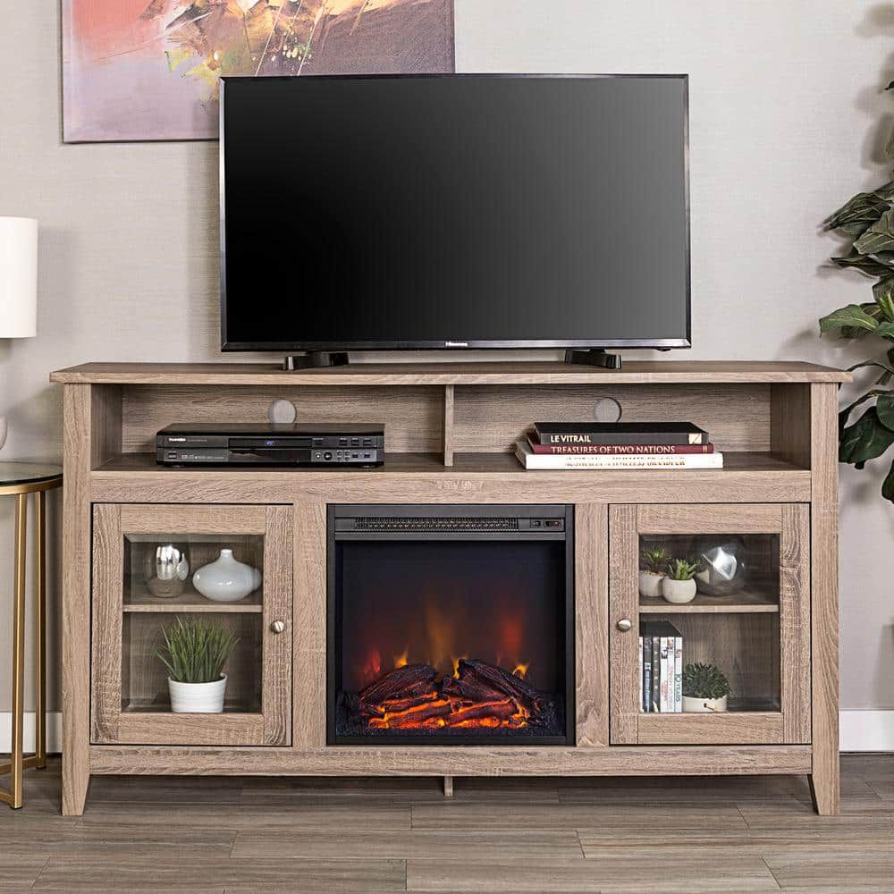 Walker Edison Furniture Company 58" Transitional Fireplace Glass Wood Tv  Stand Entertainment Center – Driftwood Hd58fp18hbag – The Home Depot With Regard To Wood Highboy Fireplace Tv Stands (View 14 of 15)