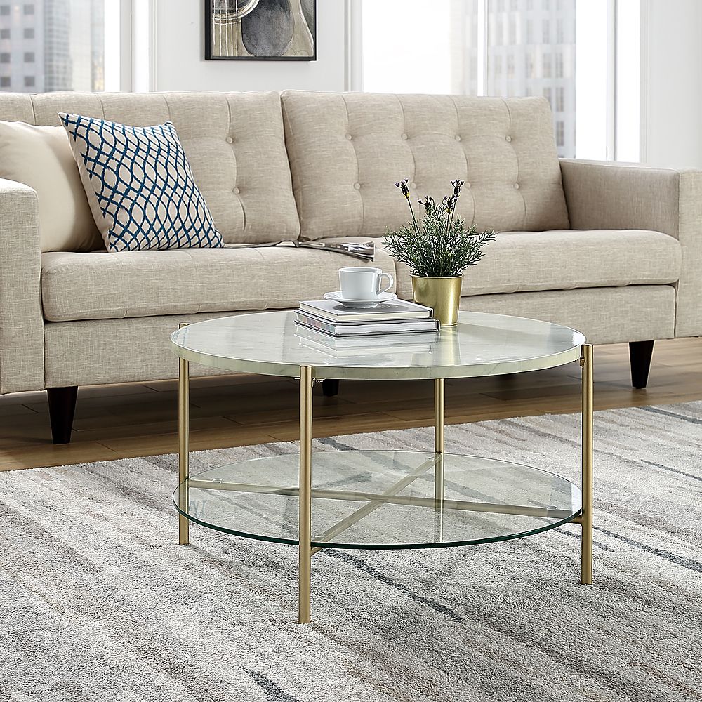 Walker Edison Modern Round Coffee Table Faux White Marble/glass/gold  Bbf32srdctmgd – Best Buy With Modern Round Faux Marble Coffee Tables (Photo 10 of 15)