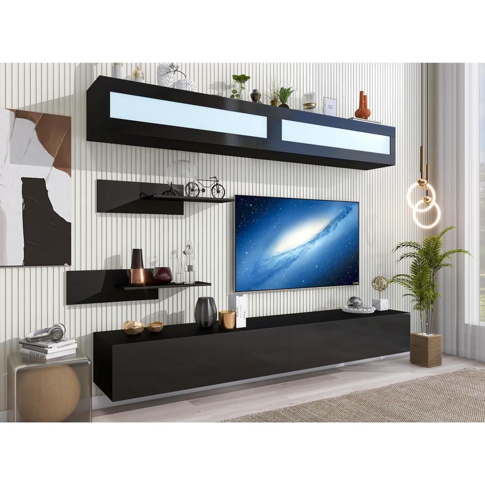 Wall Mount Floating Tv Stand With 4 Media Storage Cabinets And 2 Shelves  Black | Ebay In Wall Mounted Floating Tv Stands (View 4 of 15)