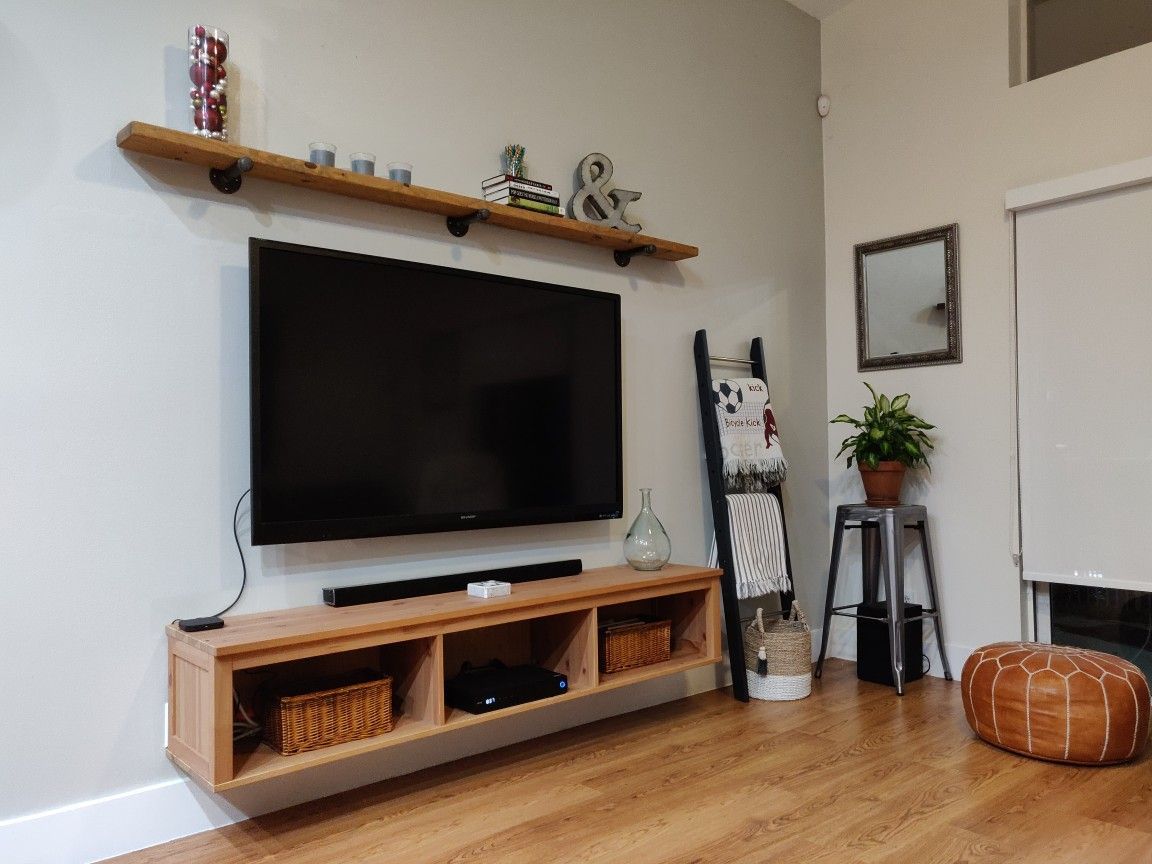 Wall Mounted Tv, Floating Entertainment Unit And Wood Shelf Above The Tv.  #woodshelf #wallmountedtv #… | Shelf Decor Living Room, Living Room Tv Wall,  Small Tv Room Regarding Top Shelf Mount Tv Stands (Photo 15 of 15)