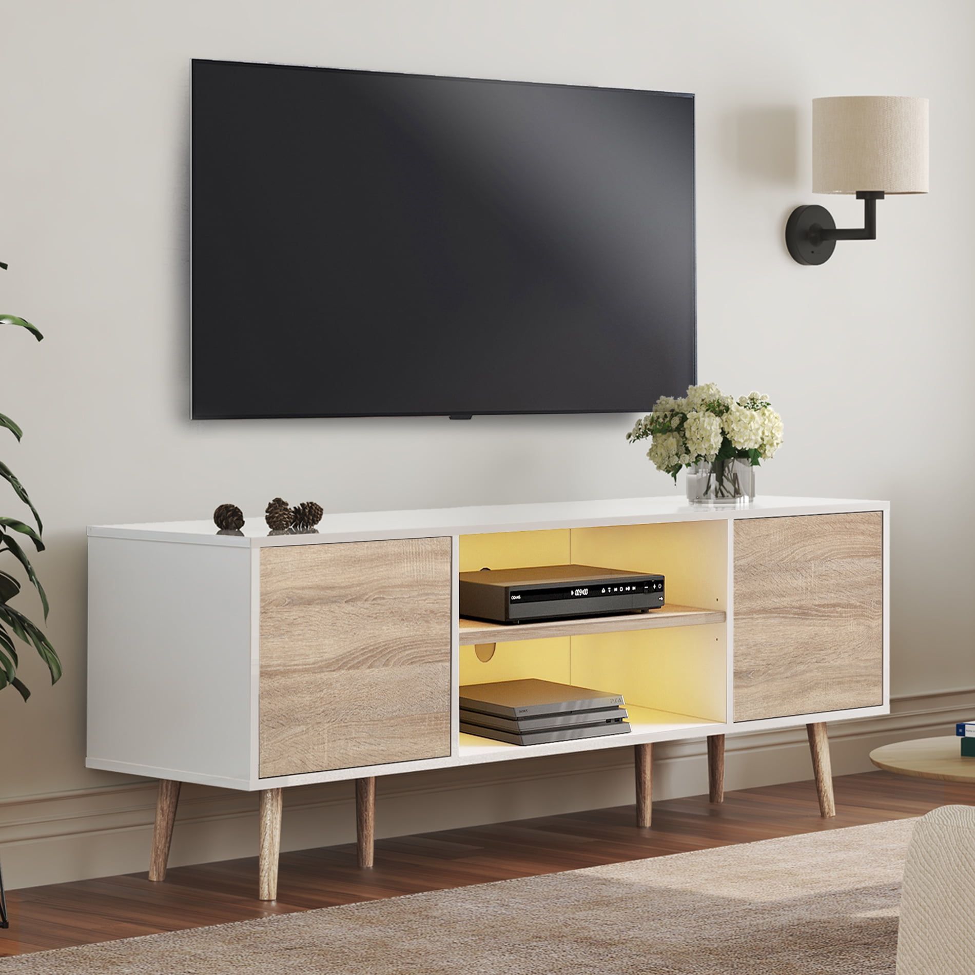 Wampat Led Mid Century Modern Tv Stand For Tvs Up To 60 Inch Flat Screen  Wood Tv Console Media Cabinet With Storage, Entertainment Center In White  And Oak For Living Room Bedroom, 55 Throughout Mid Century Entertainment Centers (Photo 6 of 15)