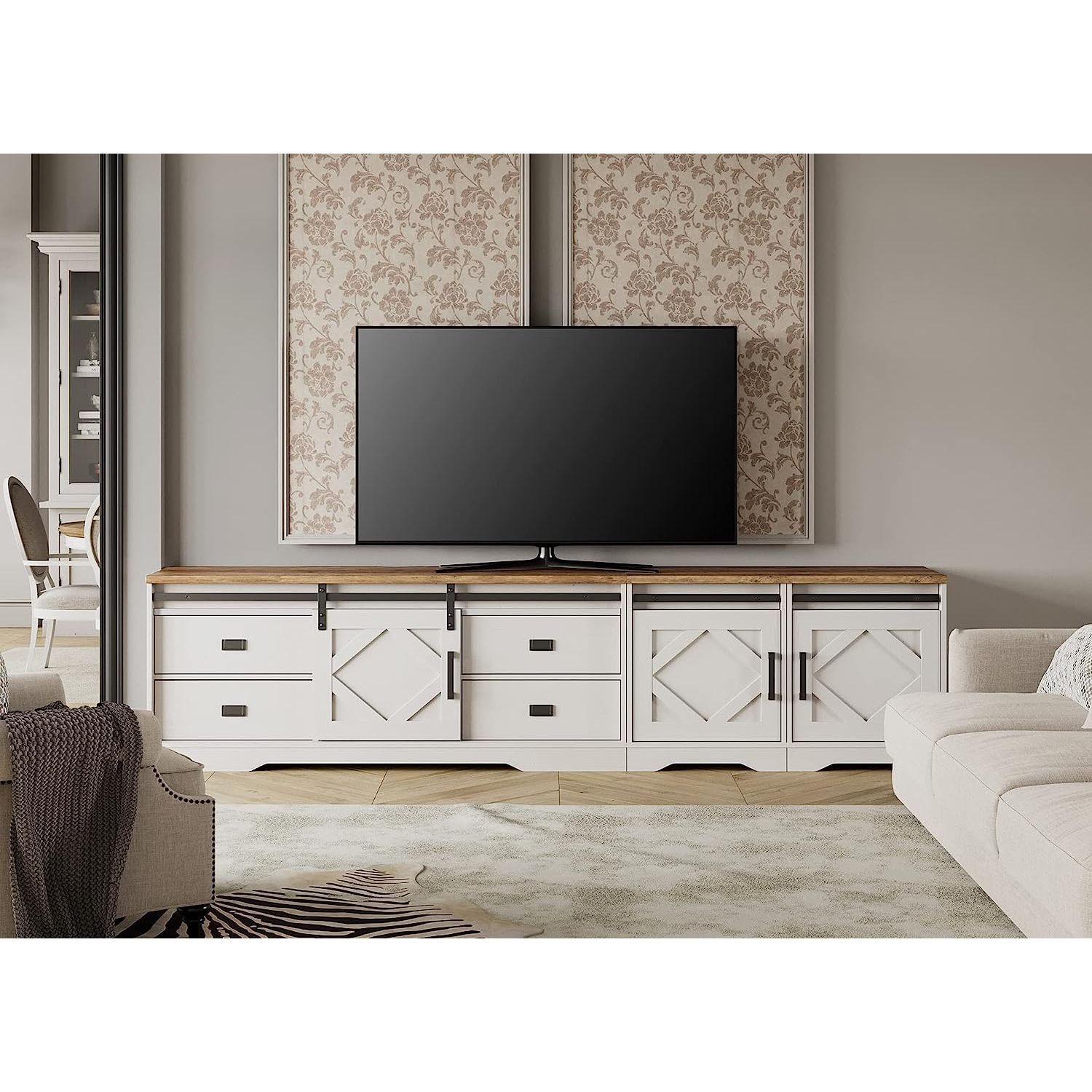 Wampat Modern Farmhouse Tv Stand For Up To 110" Tvs Wood Entertainment  Center Cabinet With Drawers And Adjustable Shelf For Living Room, Cream  White | Best Buy Canada For 110" Tvs Wood Tv Cabinet With Drawers (Photo 7 of 15)