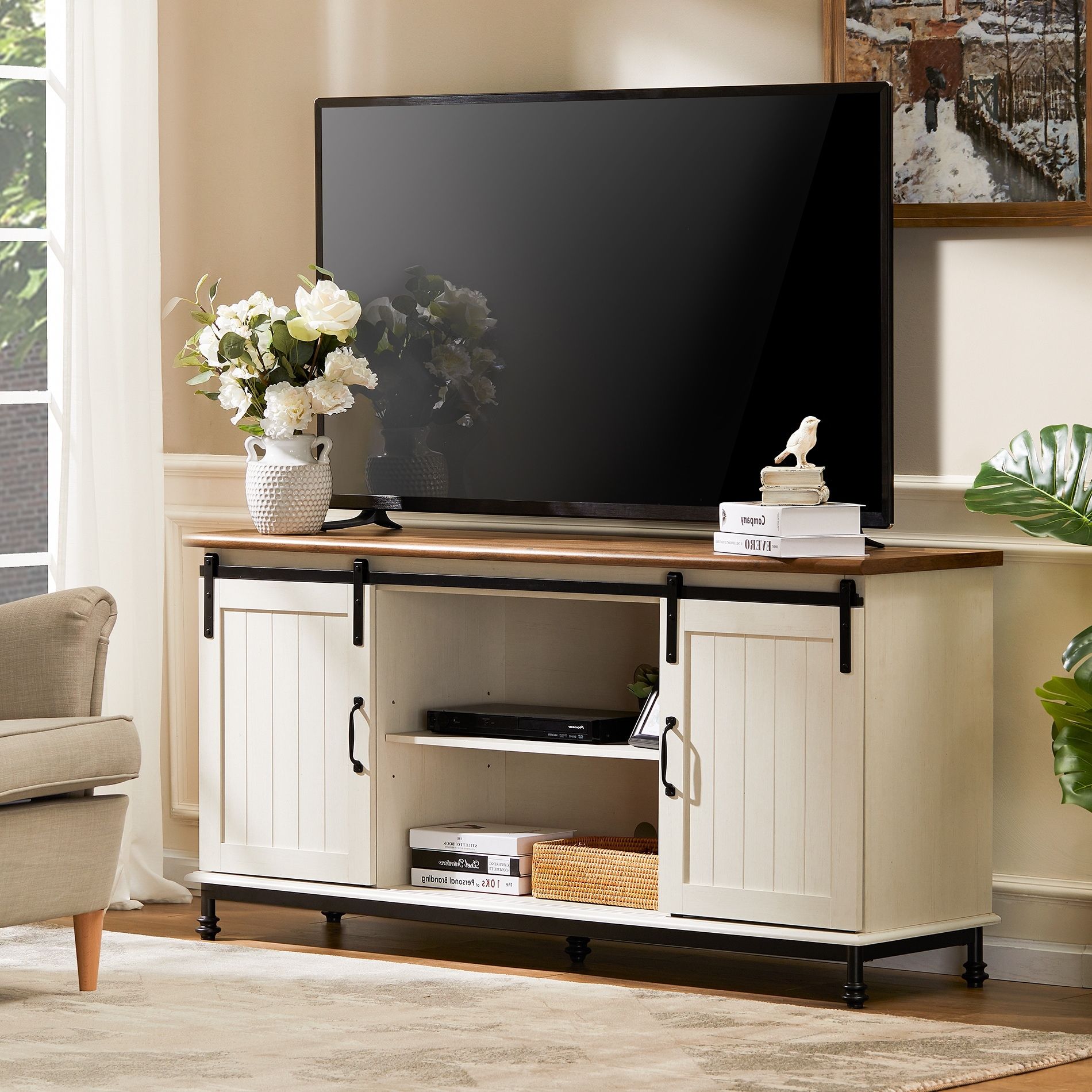 Wampat White Modern Tv Stand Farmhouse Sliding Barn Door Console Table For  Tvs Up To 65" – On Sale – Bed Bath & Beyond – 33265867 Within 110&quot; Tvs Wood Tv Cabinet With Drawers (View 9 of 15)