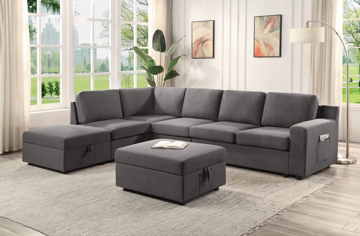 Waylon Gray Linen 7 Seater L Shape Sectional Sofa With Storage Ottomans And  Pockets 81803 1lilola Home | 1stopbedrooms With Gray Linen Sofas (View 14 of 15)