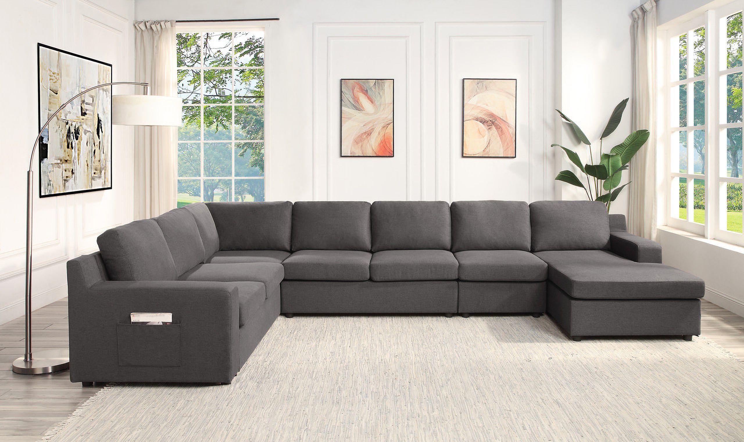 Waylon Gray Linen 7 Seater U Shape Sectional Sofa Chaise With Pocket  81803 10lilola Home | 1stopbedrooms Pertaining To Gray Linen Sofas (View 4 of 15)