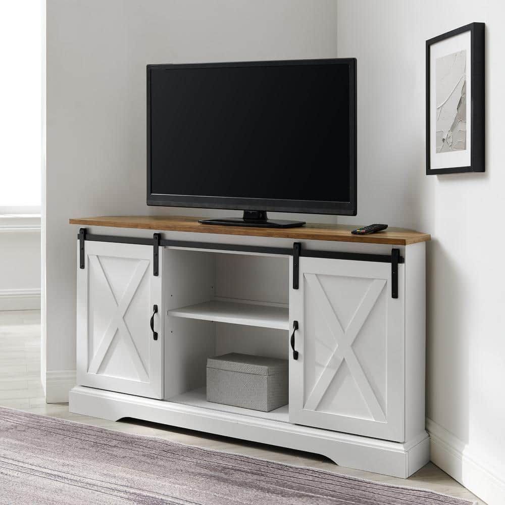 Welwick Designs 52 In. Reclaimed Barnwood And Solid White Wood Farmhouse  Corner Tv Stand With 2 Sliding Barn Doors Fits Tvs Up To 58 In. Hd8884 –  The Home Depot Pertaining To Farmhouse Stands For Tvs (Photo 5 of 15)