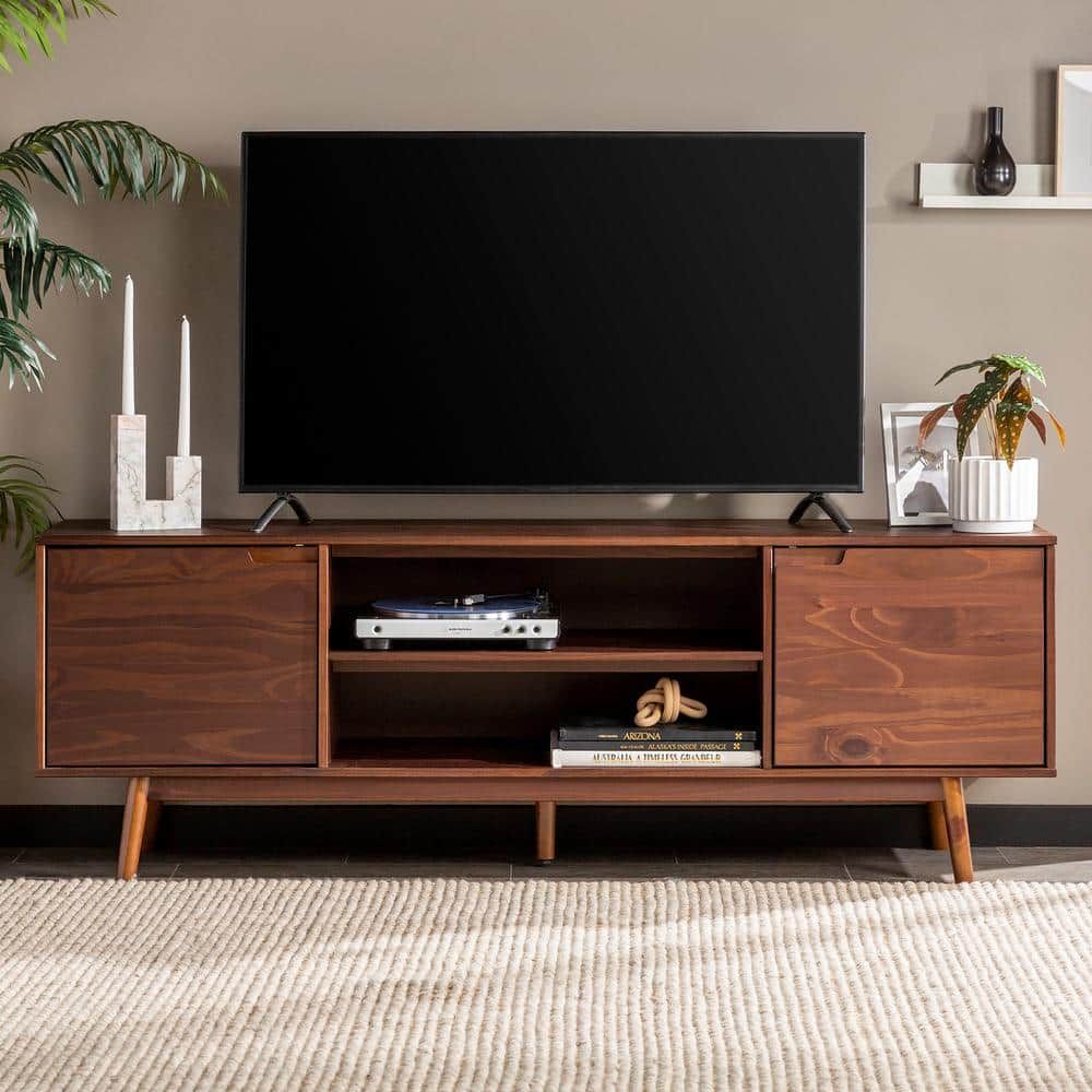 Welwick Designs 70 In. Walnut Solid Wood Mid Century Modern Tv Stand With  2 Doors (max Tv Size 80 In.) Hd8871 – The Home Depot Intended For Mid Century Entertainment Centers (Photo 10 of 15)
