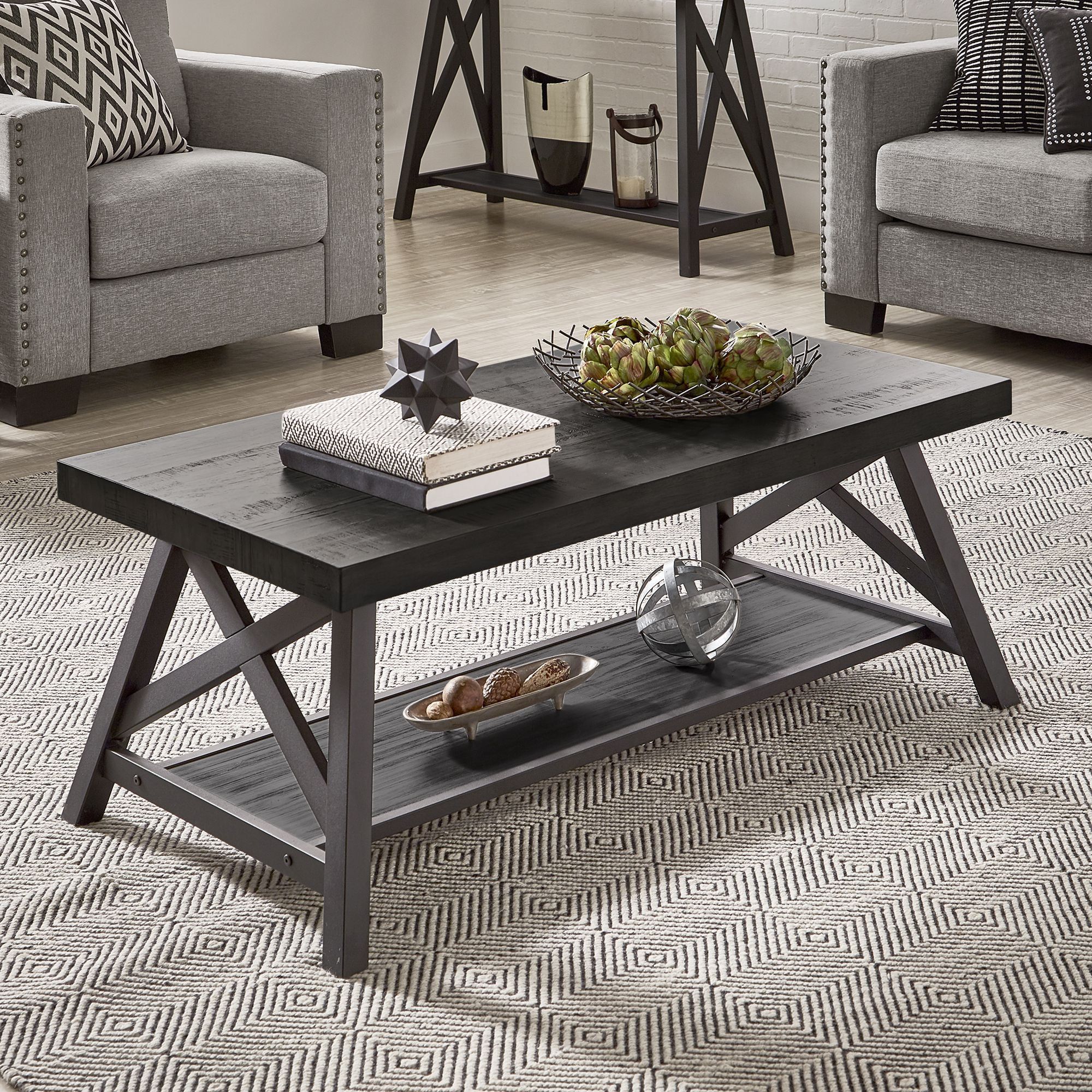 Weston Home Westyn Rustic X Base Wood Rectangular Coffee Table, Black –  Walmart In Rectangular Coffee Tables With Pedestal Bases (View 9 of 15)
