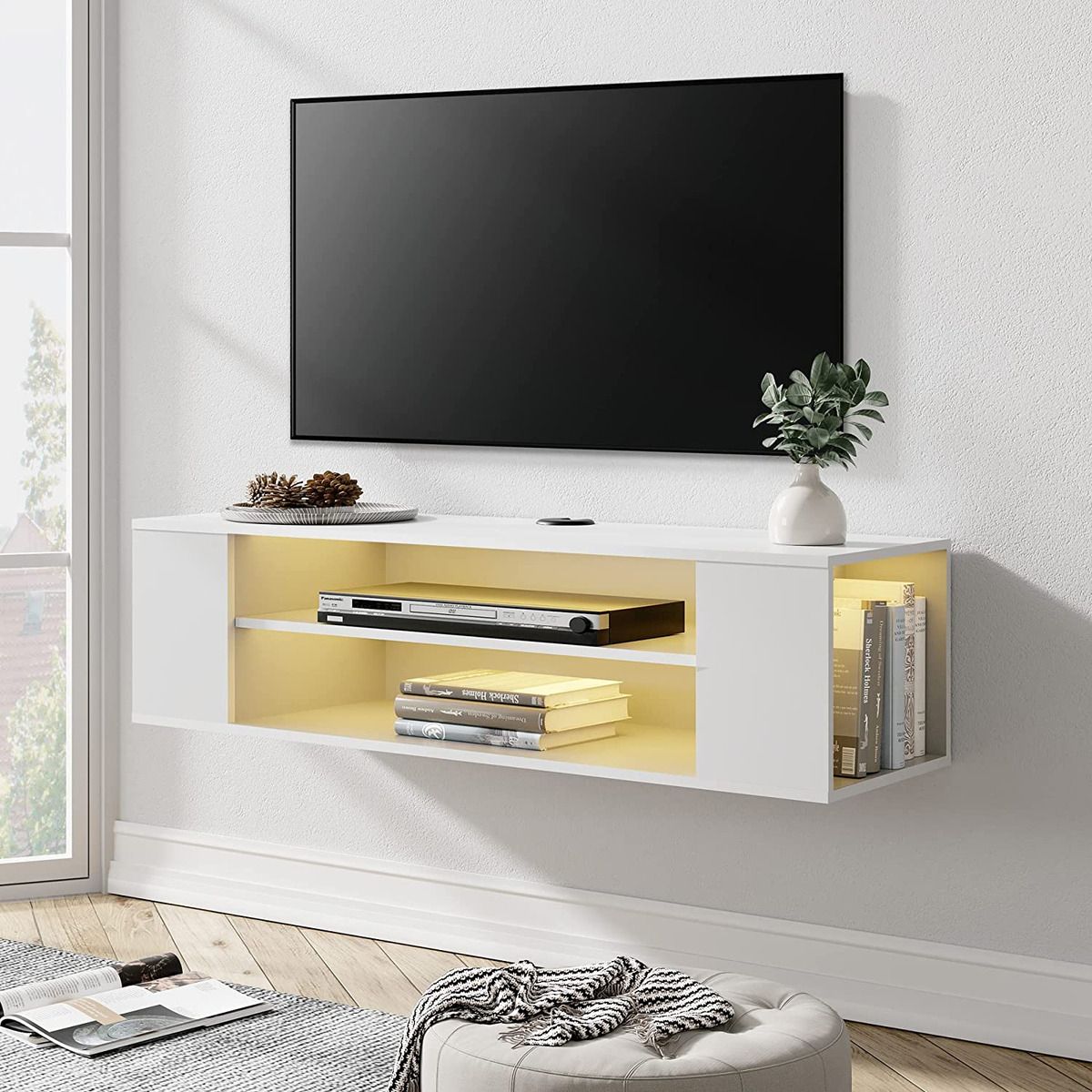 White Floating Tv Stand With Yellow Led Lights Wall Mounted Shelf  Entertainment | Ebay Within Tv Stands With Lights (Photo 12 of 15)