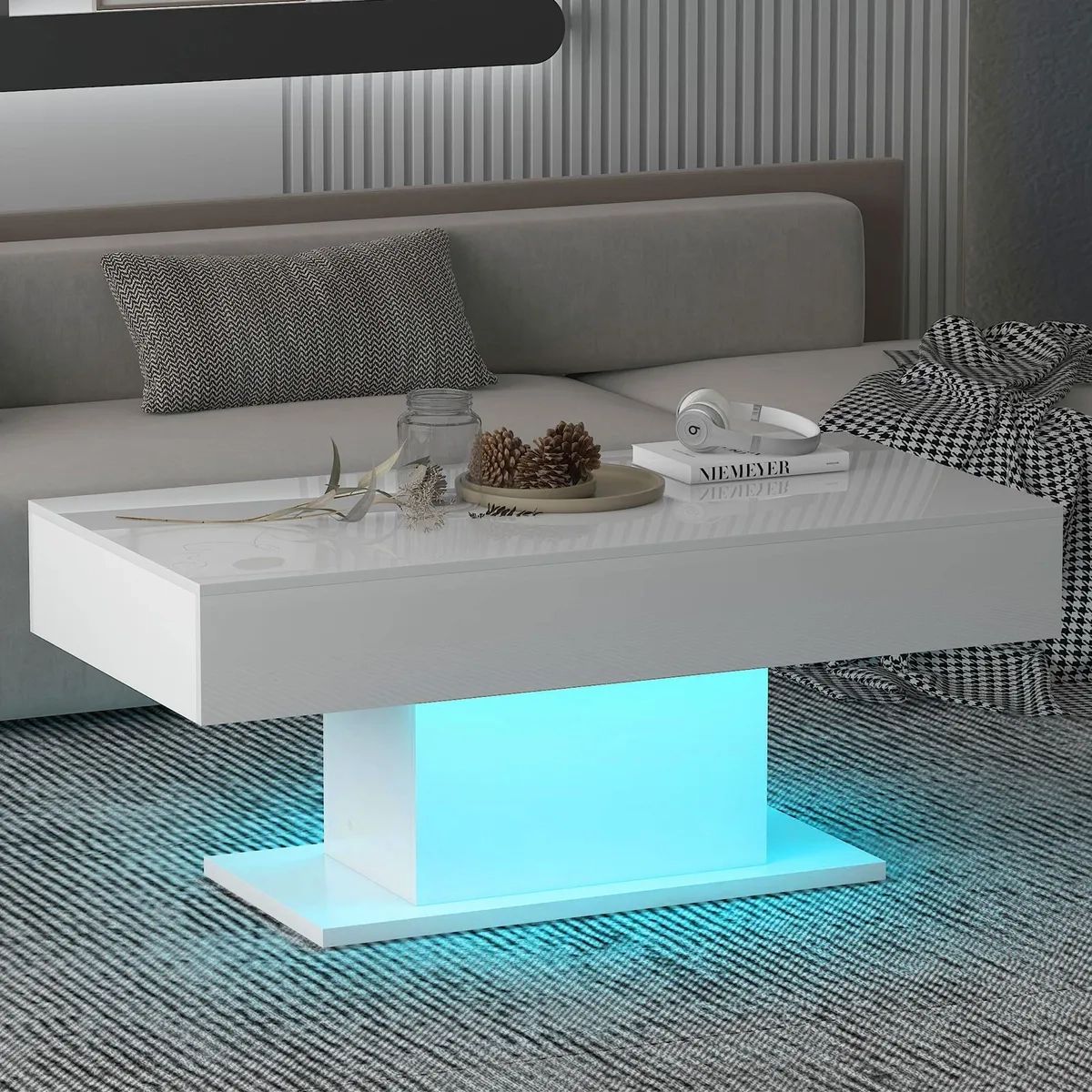 White Led Coffee Table High Gloss Cocktail Table Modern Living Room  Rectangle | Ebay Inside Rectangular Led Coffee Tables (Photo 2 of 15)