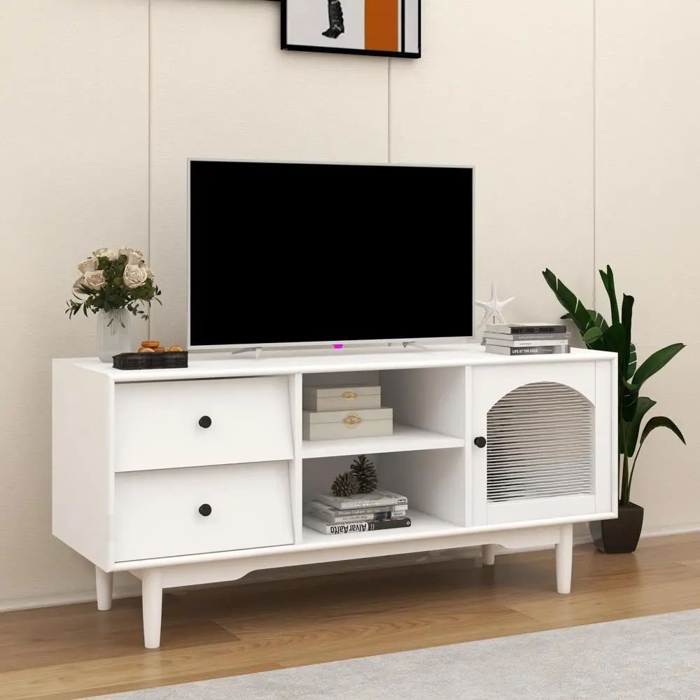 White Tv Stand With Drawers And Open Shelves Cabinet With Glass Doors | Ebay Within Tv Stands With 2 Doors And 2 Open Shelves (View 8 of 15)