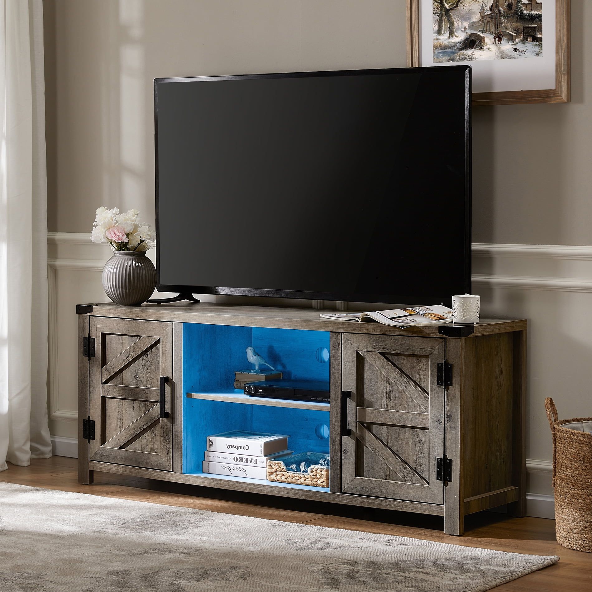 Wood Tv Stands For 70 Inch Tvs Tv Console Storage Cabinet, Rustic Gray Wash Entertainment  Center For Living Room, 59 Inch – Walmart For Entertainment Center With Storage Cabinet (View 8 of 15)