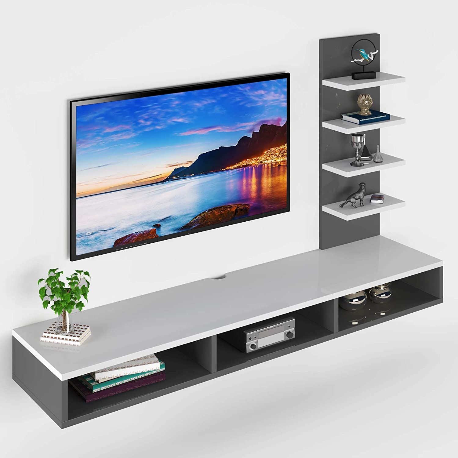 Wooden Wall Mounted Tv Unit (white & Grey, Accessories Included) – Furnifry Within Wall Mounted Floating Tv Stands (View 13 of 15)
