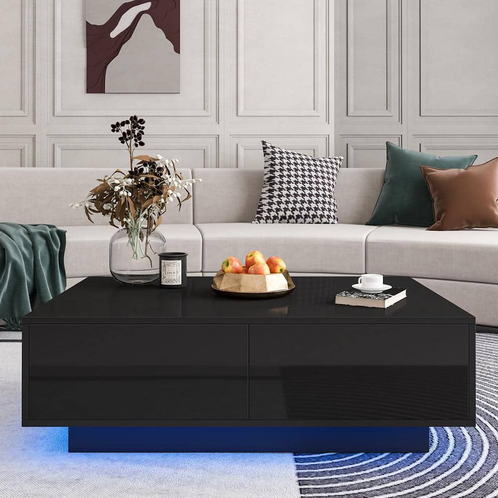Woodyhome 37.4 In. Black Medium Rectangle Mdf Led Coffee Table With 4 Storage  Drawers Poa7027449 – The Home Depot Throughout Led Coffee Tables With 4 Drawers (Photo 5 of 15)