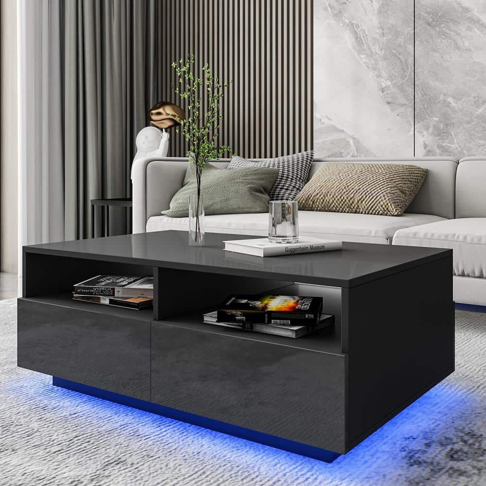 Woodyhome 37.4 In. Black Rectangle Mdf Led Coffee Table With 4 Storage  Drawers With 2 Open Shelves Poa7028147 – The Home Depot Within High Gloss Black Coffee Tables (Photo 14 of 15)