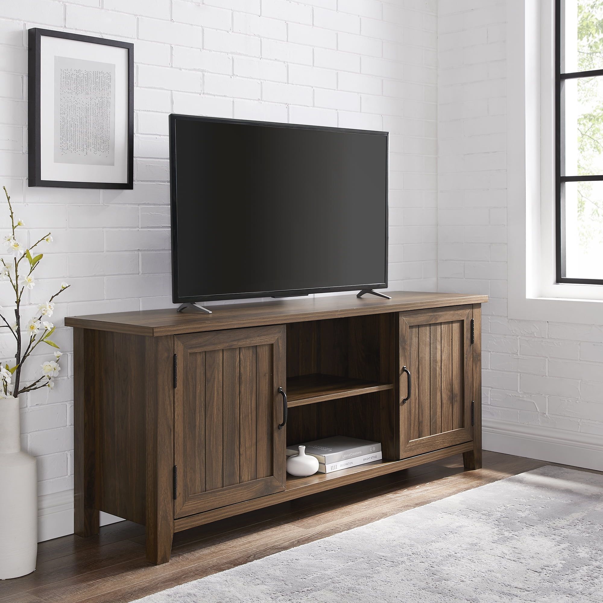 Woven Paths Franklin Grooved 2 Door Tv Stand For Tvs Up To 65", Dark Walnut  – Walmart Within Walnut Entertainment Centers (Photo 7 of 15)