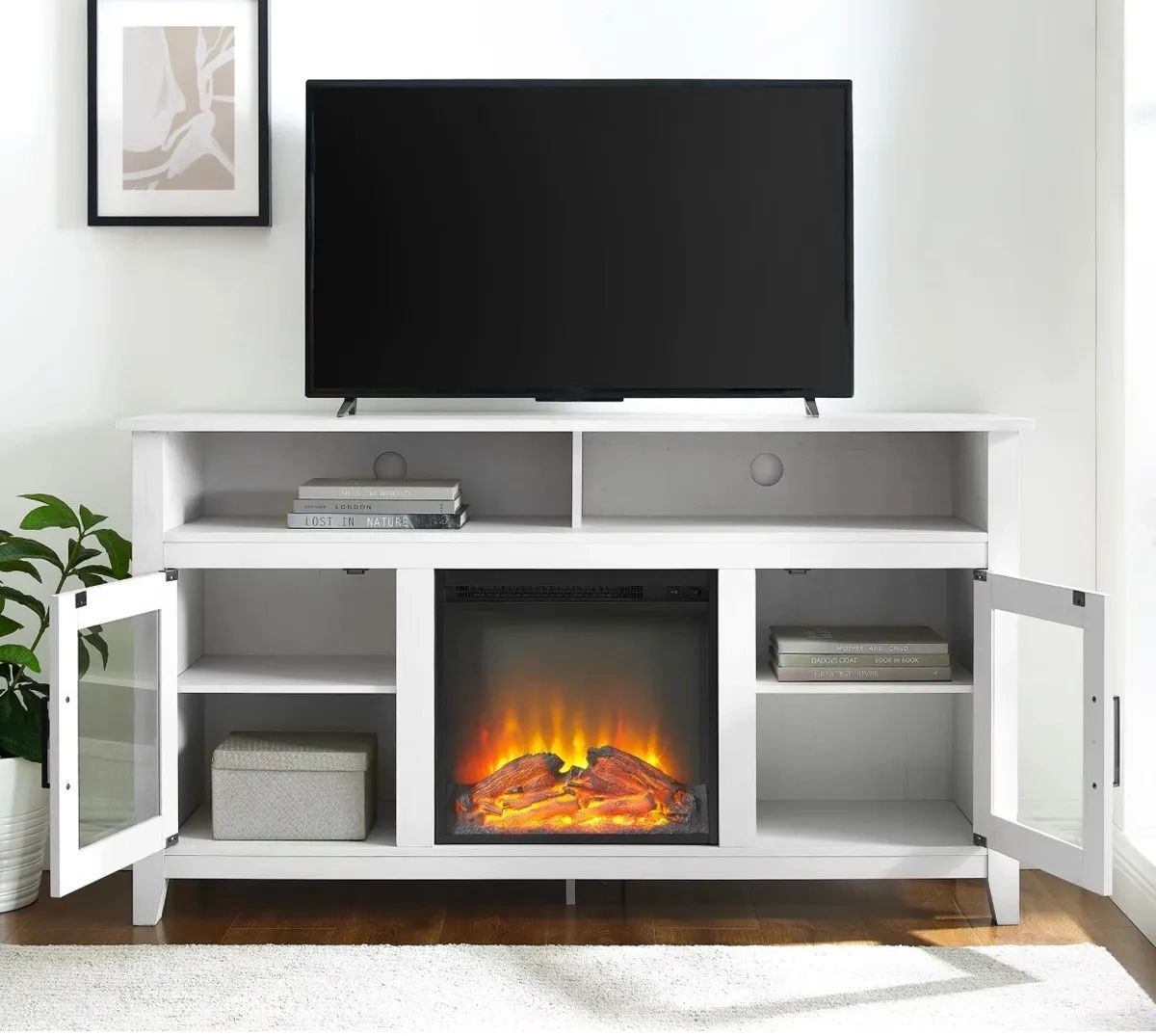 Woven Paths Highboy 2 Door Electric Fireplace Tv Stand For Tvs Up To 65",  Brushe | Ebay Throughout Wood Highboy Fireplace Tv Stands (View 10 of 15)