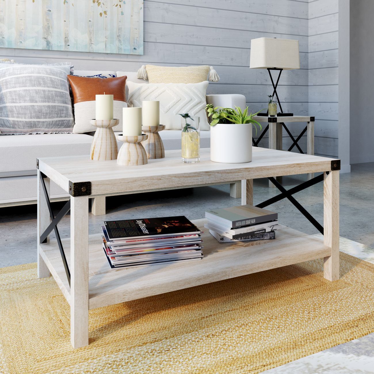 Woven Paths Magnolia Metal X Coffee Table, White Oak – Walmart With Regard To Woven Paths Coffee Tables (View 9 of 15)
