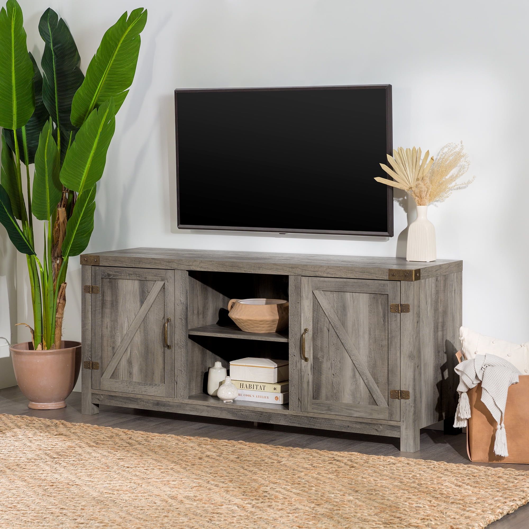 Woven Paths Modern Farmhouse Barn Door Tv Stand For Tvs Up To 65", Grey  Wash – Walmart Pertaining To Farmhouse Stands For Tvs (View 4 of 15)