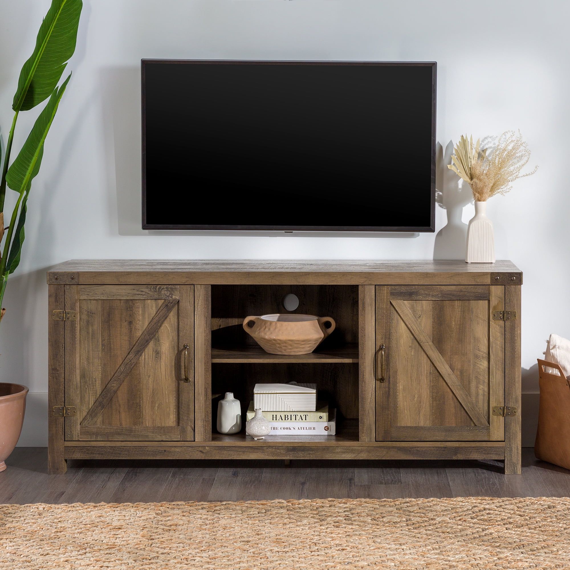 Woven Paths Modern Farmhouse Barn Door Tv Stand For Tvs Up To 65",  Reclaimed Barnwood – Walmart With Regard To Modern Farmhouse Barn Tv Stands (View 3 of 15)
