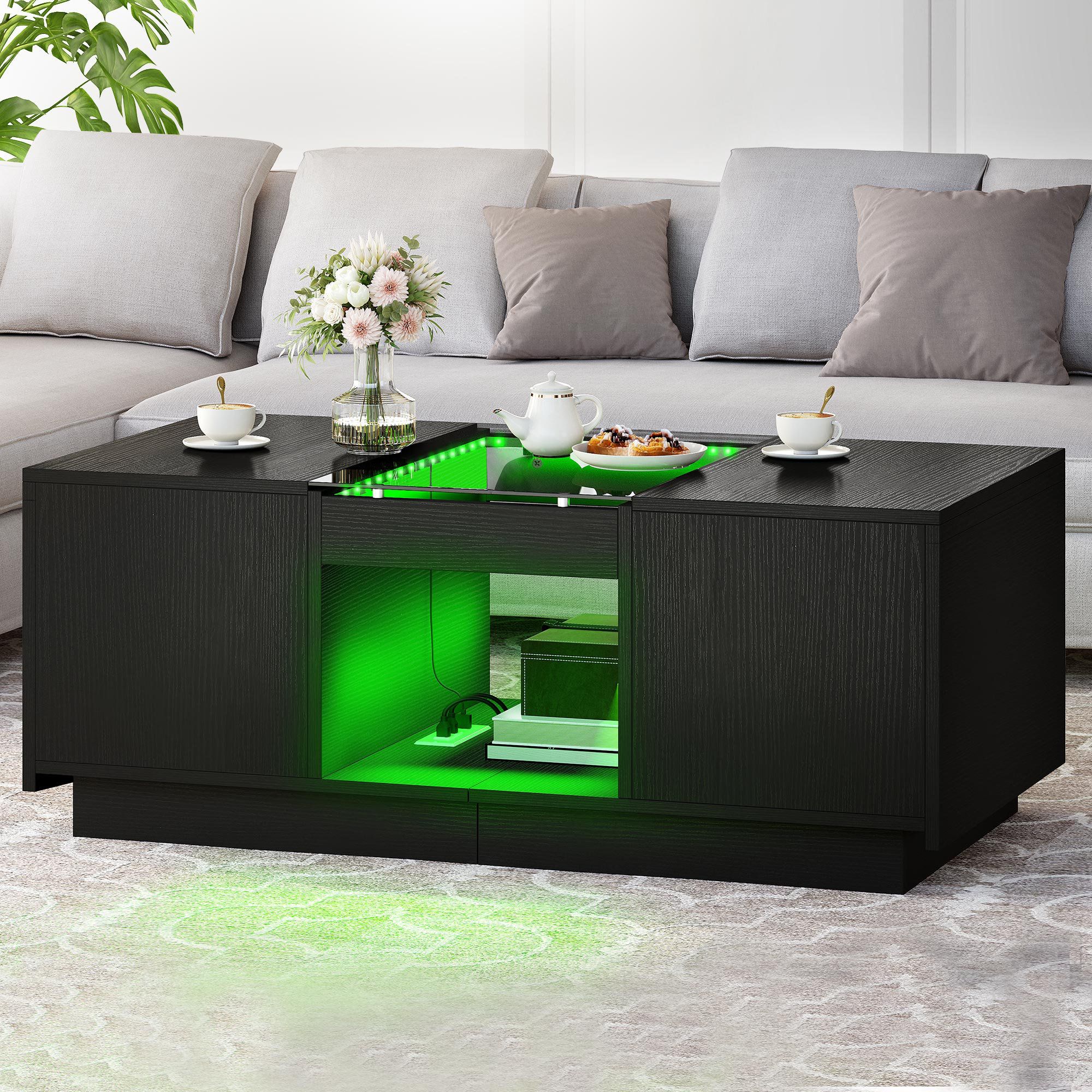 Wrought Studio Devaugh 39" Rectangular Two Side Drawers Coffee Table With  Led Light And Charging Plug | Wayfair With Regard To Rectangular Led Coffee Tables (Photo 9 of 15)