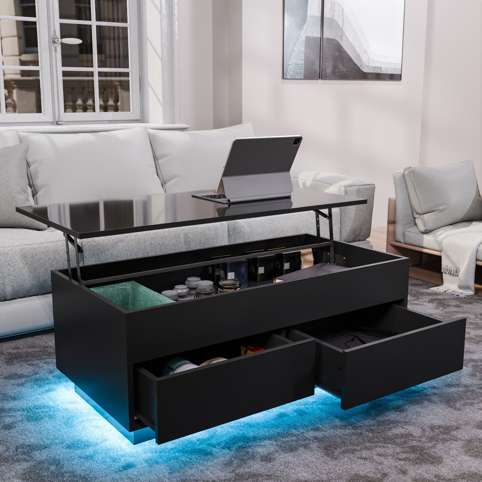 Wrought Studio Ellysse Lift Top Coffee Table With Multifunctional Rgb Led  Lights, Hidden Compartment And Drawers & Reviews – Wayfair Canada Within Modern Coffee Tables With Hidden Storage Compartments (View 9 of 15)