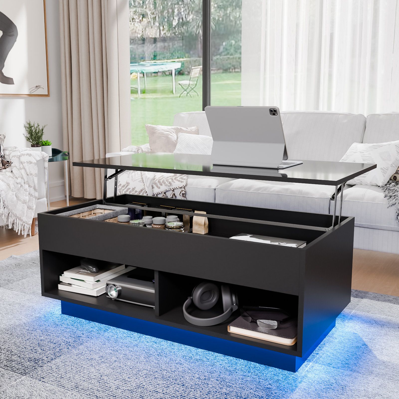 Wrought Studio Elvane Lift Top Coffee Table With Multifunctional Rgb Led  Lights And Open Shelves & Reviews | Wayfair In High Gloss Lift Top Coffee Tables (Photo 7 of 15)