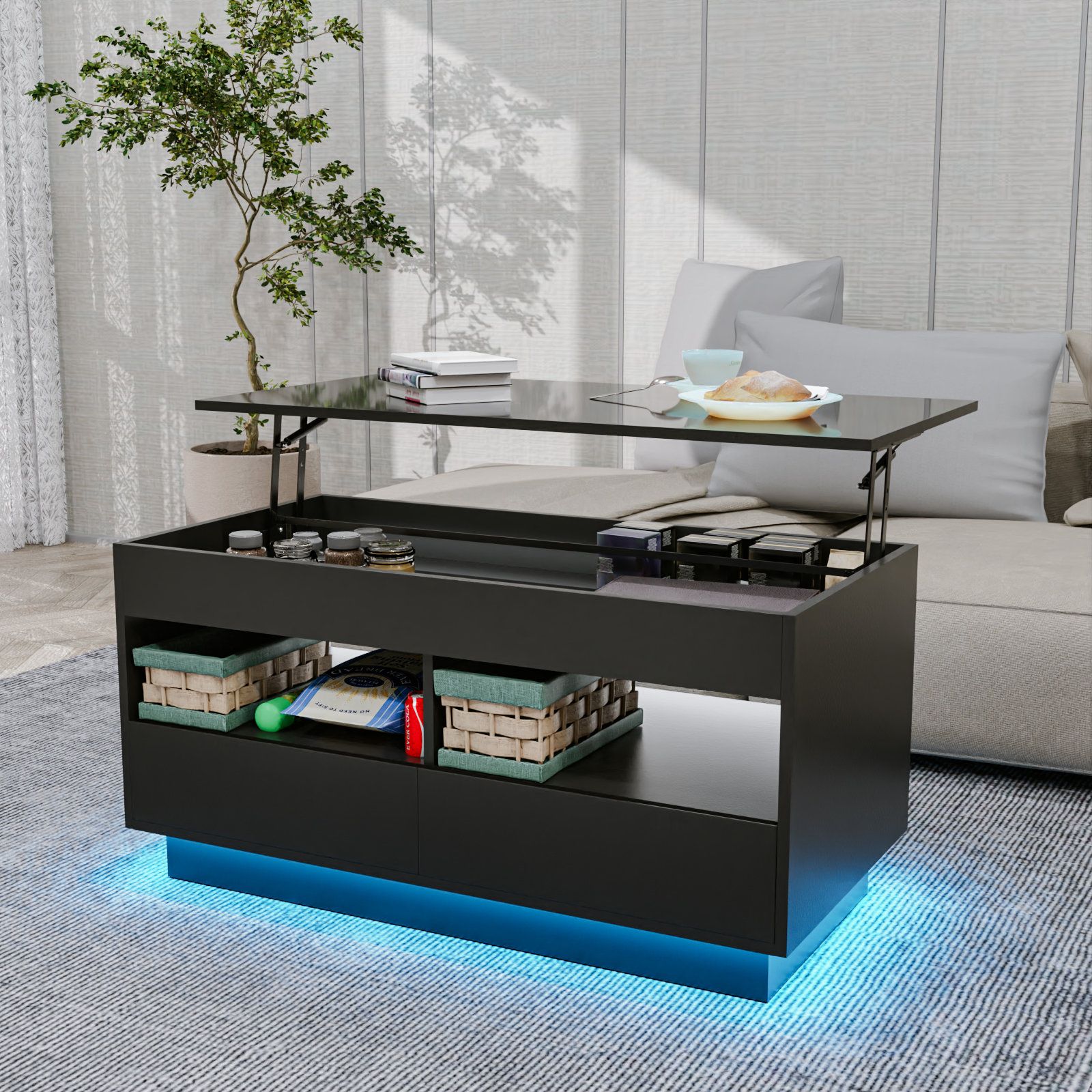 Wrought Studio Emmrie Lift Top Coffee Table With Rgb Led Lights, Hidden  Compartment, Drawers And Open Shelves & Reviews | Wayfair With Coffee Tables With Drawers And Led Lights (Photo 12 of 15)