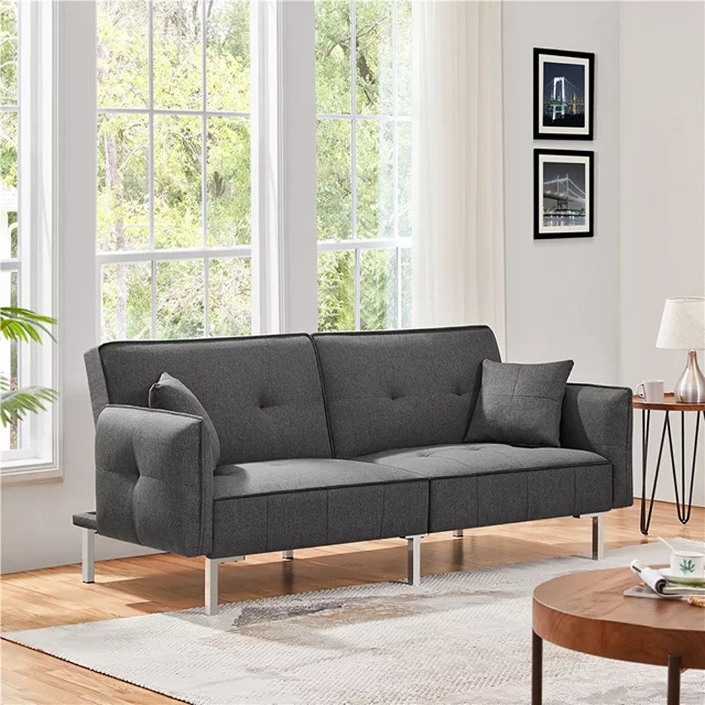 Wrought Studio™ Fabric Covered Futon Sofa Bed With Adjustable Backrest,  Dark Gray | Wayfair In Adjustable Backrest Futon Sofa Beds (Photo 11 of 15)