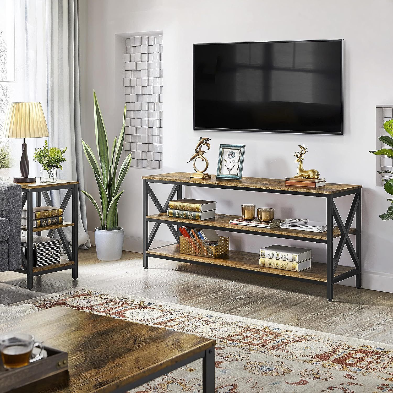 Yaheetech Industrial Tv Stand For Tv Up To 65 Inch, 55" Tv Cabinet With 3  Tier Storage Shelves For Living Room, Entertainment Center Tv Console Table  With Metal Frame, Rustic Brown | Bigbigmart For Tier Stand Console Cabinets (Photo 13 of 15)