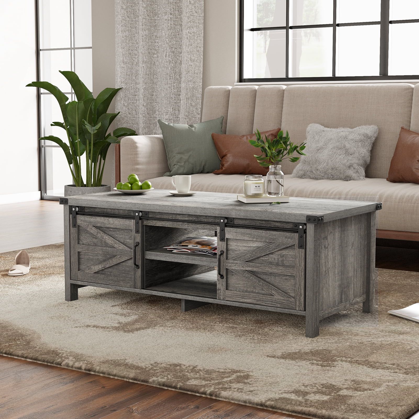 Yaoping 48" Modern Farmhouse Coffee Table With Adjustable Storage Cabinets  Shelves, Modern Coffee Table For Living Room With Sliding Barn Door –  Walmart In Coffee Tables With Sliding Barn Doors (View 7 of 15)