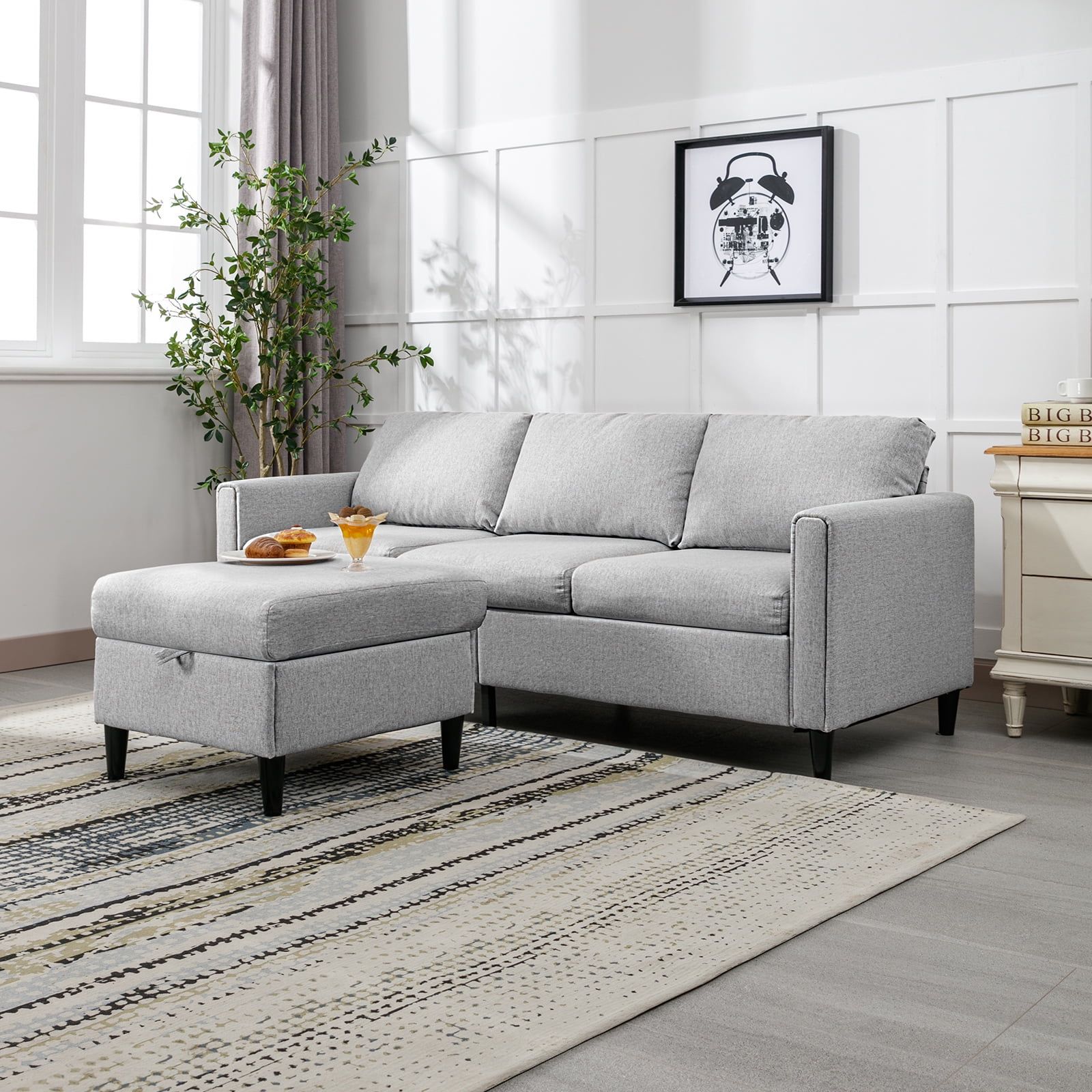 Zafly Sectional Sofa Couch, 3 Seat Sofa With Flexible Storage Ottoman,  Modern L Shape Linen Couches For Living Room/office – Light Grey –  Walmart Pertaining To Light Charcoal Linen Sofas (View 8 of 15)